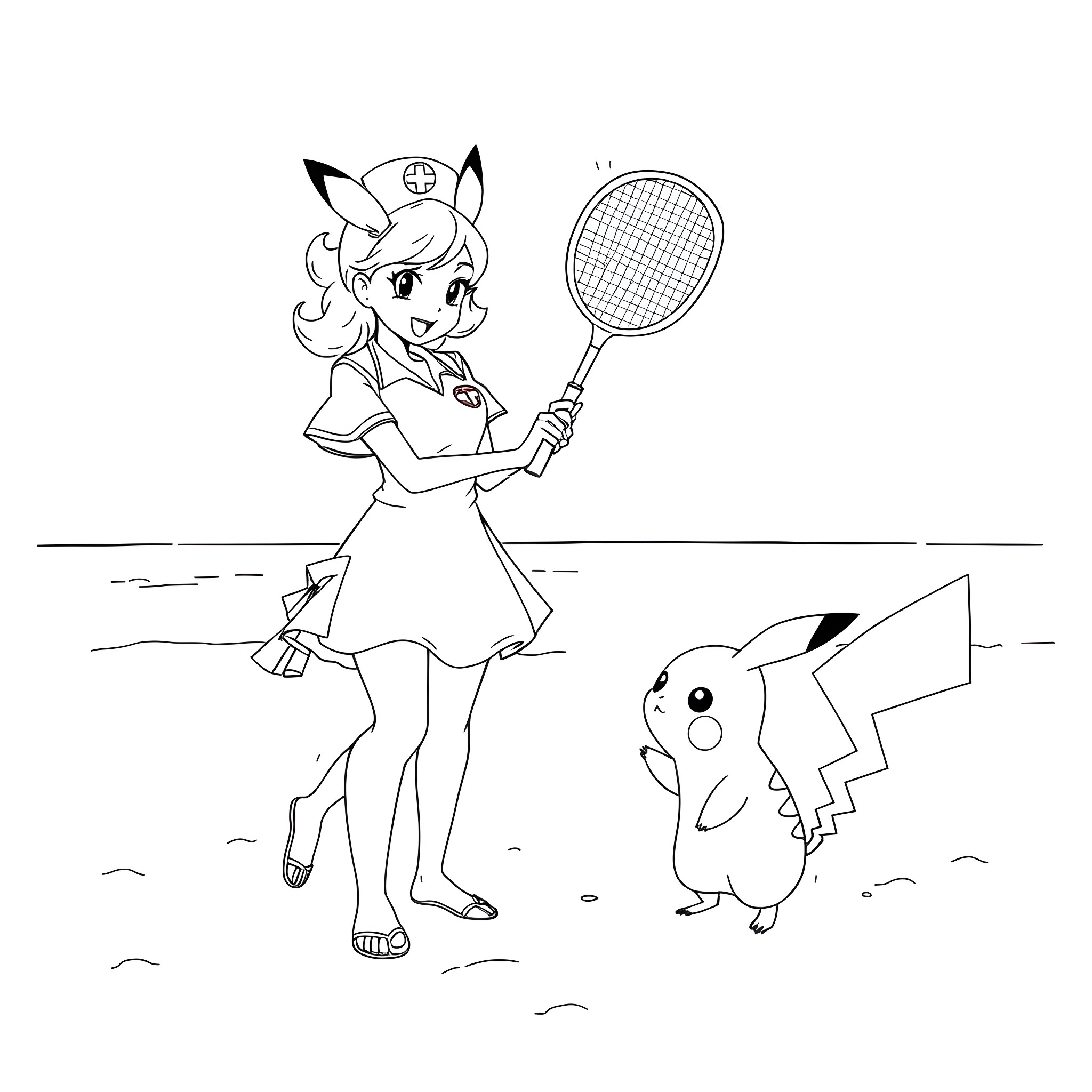 Nurse character playing tennis with Pikachu Coloring Page (free black-and-white line drawing printable PDF for all, from beginners to advanced learners, including children, teens, adults, and seniors)