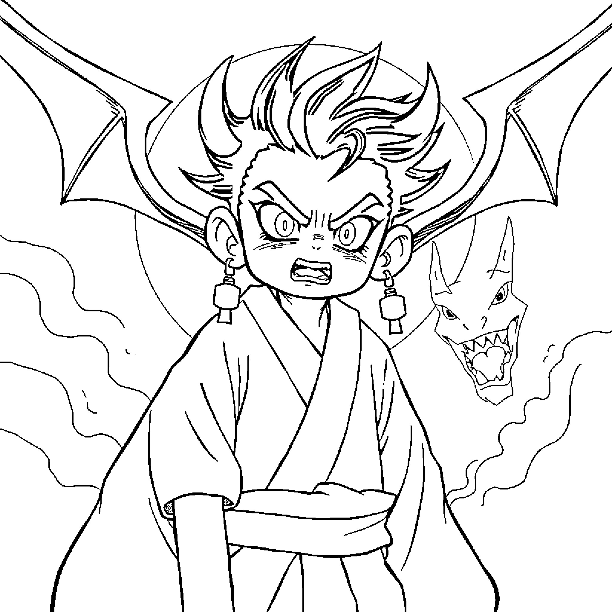 Tanjiro's Fierce Demon Encounter Coloring Page (free black-and-white line drawing printable PDF for all, from beginners to advanced learners, including children, teens, adults, and seniors)