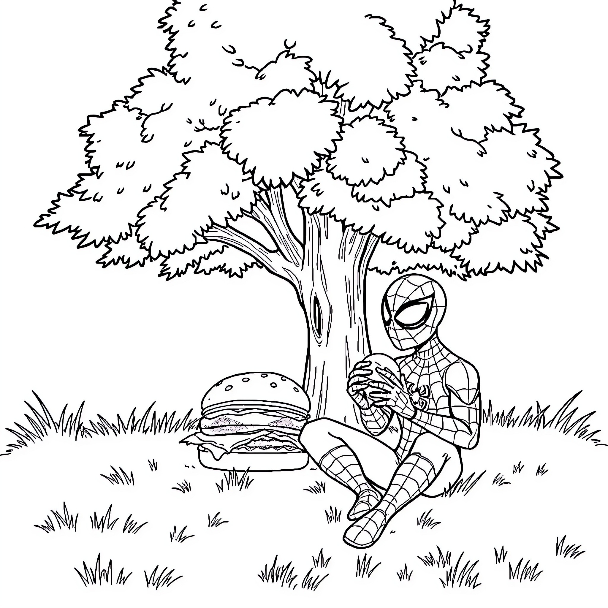 Spiderman relaxing under a tree with a hamburger Coloring Page (free black-and-white line drawing printable PDF for all, from beginners to advanced learners, including children, teens, adults, and seniors)