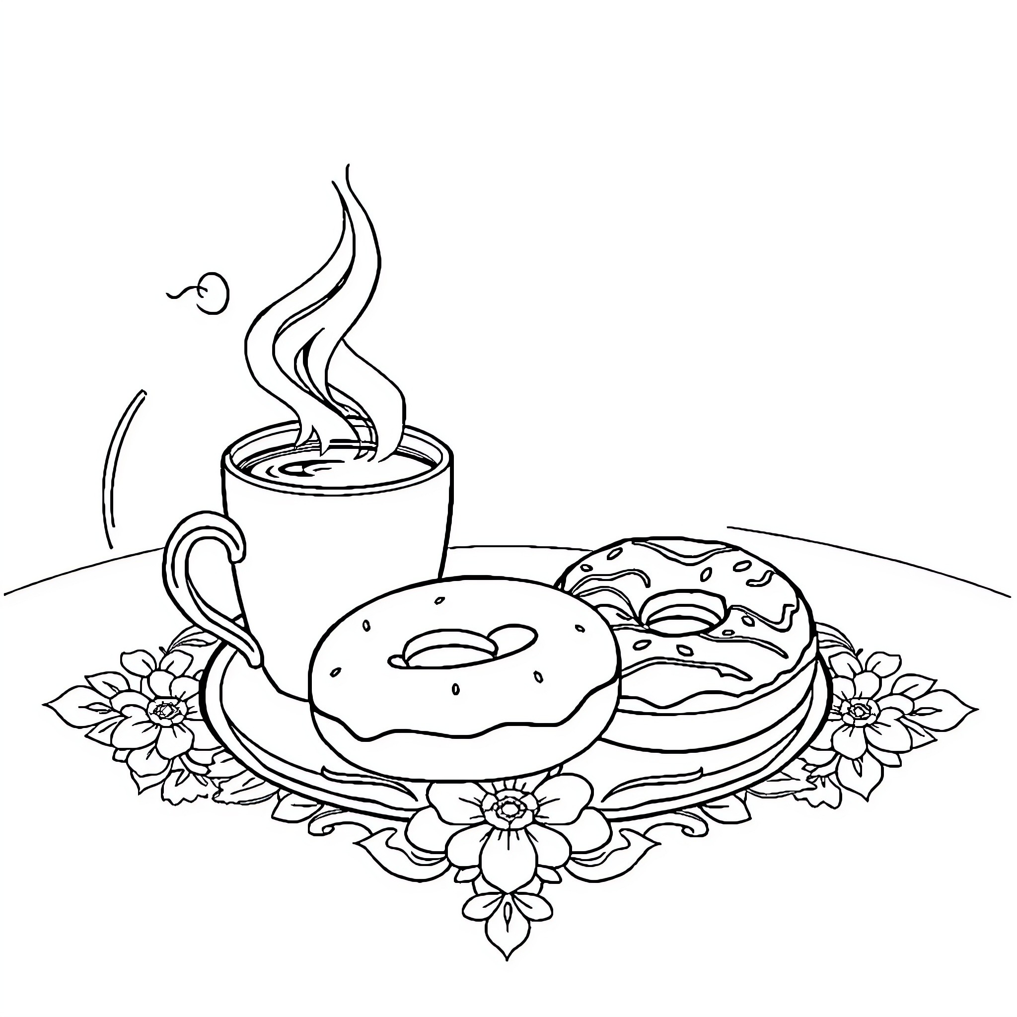 Coffee and Pastry Delight Coloring Page (free black-and-white line drawing printable PDF for all, from beginners to advanced learners, including children, teens, adults, and seniors)