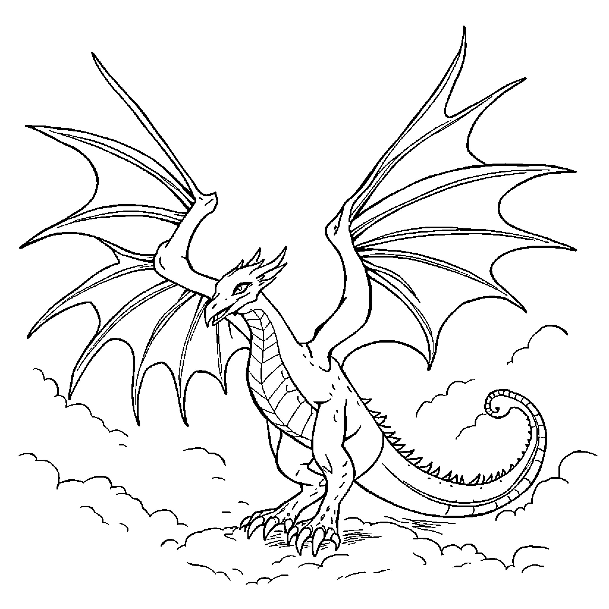 Dragon soaring majestically in the sky Coloring Page (free black-and-white line drawing printable PDF for all, from beginners to advanced learners, including children, teens, adults, and seniors)