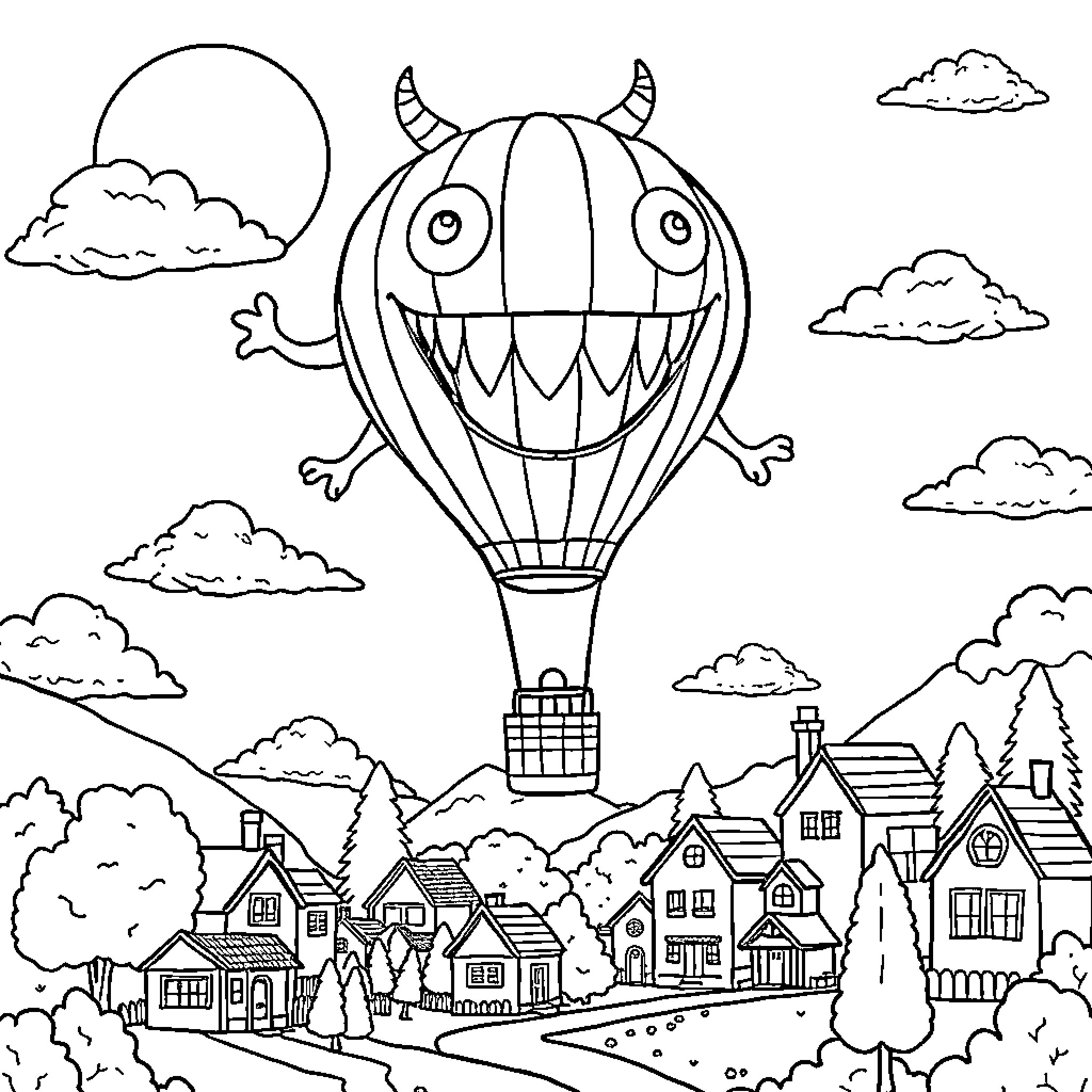 Hot Air Balloon Soaring Over Quaint Village Coloring Page (free black-and-white line drawing printable PDF for all, from beginners to advanced learners, including children, teens, adults, and seniors)