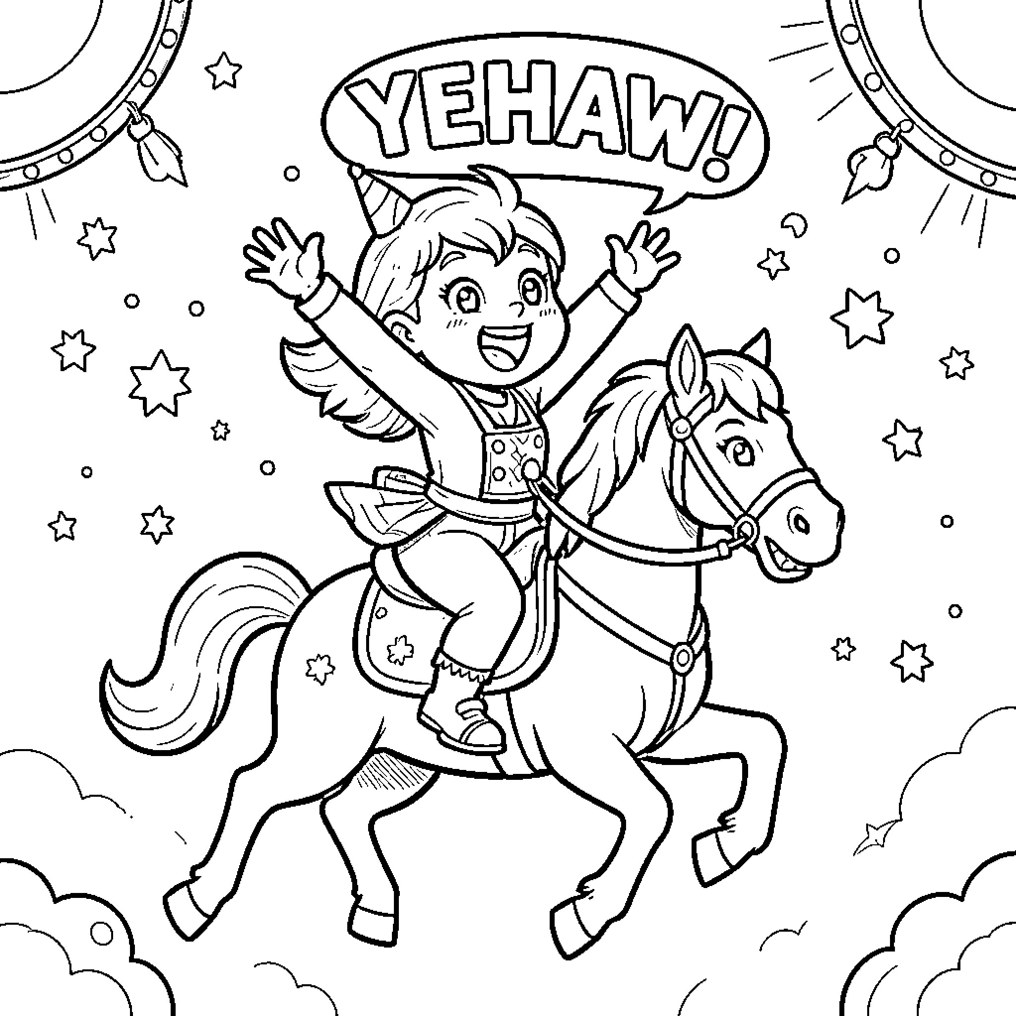 Pomni riding a horse joyfully with arms raised Coloring Page (free black-and-white line drawing printable PDF for all, from beginners to advanced learners, including children, teens, adults, and seniors)