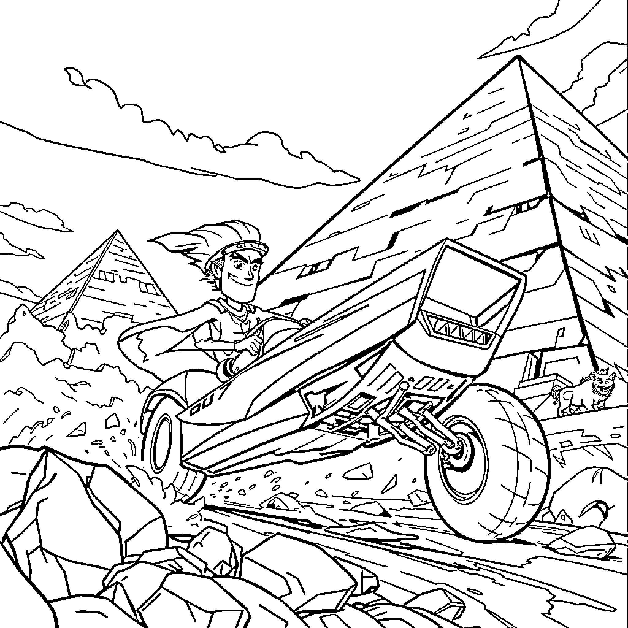 Racer navigating rocky mountain terrain in adventure vehicle Coloring Page (free black-and-white line drawing printable PDF for all, from beginners to advanced learners, including children, teens, adults, and seniors)