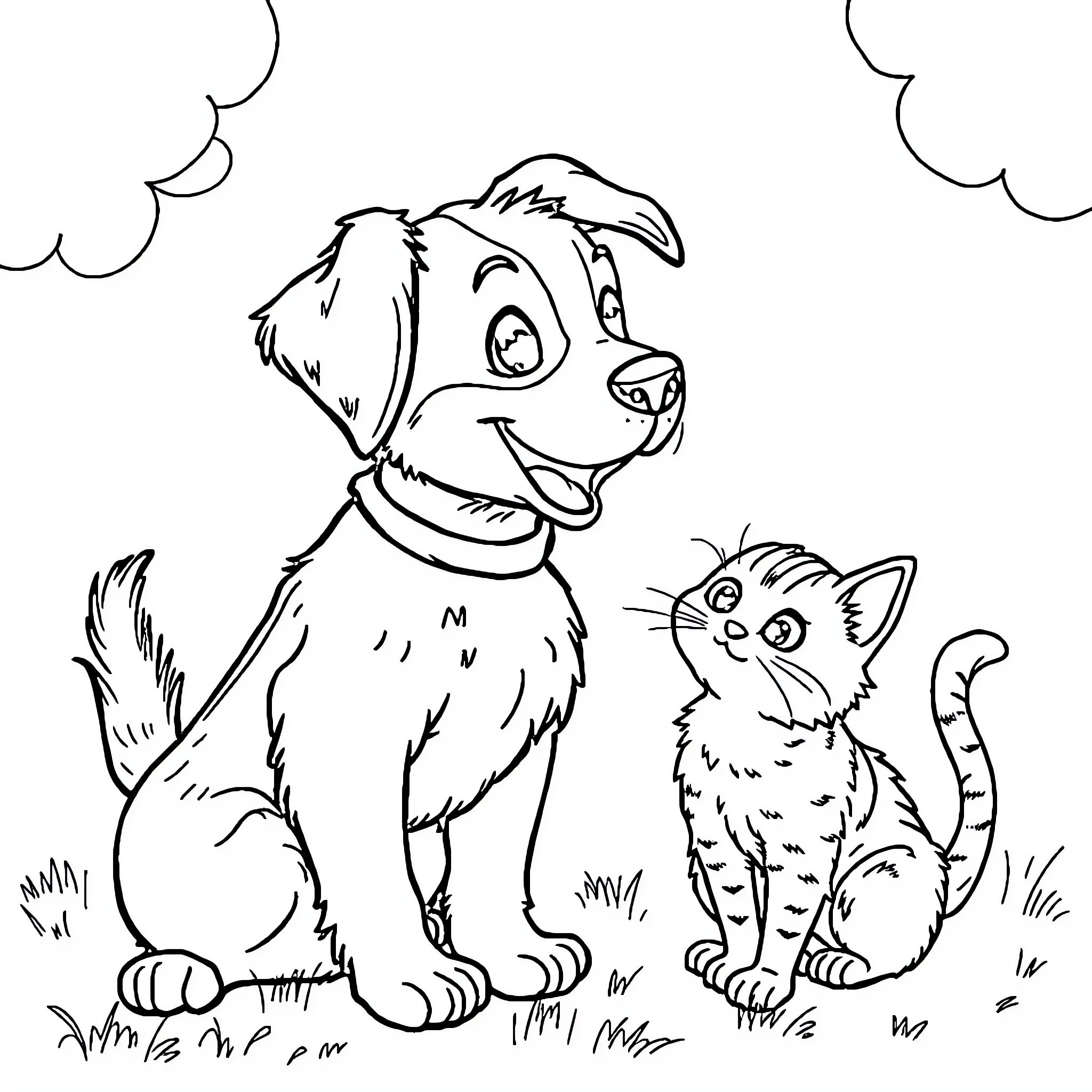 Dog and cat playing together happily Coloring Page (free black-and-white line drawing printable PDF for all, from beginners to advanced learners, including children, teens, adults, and seniors)