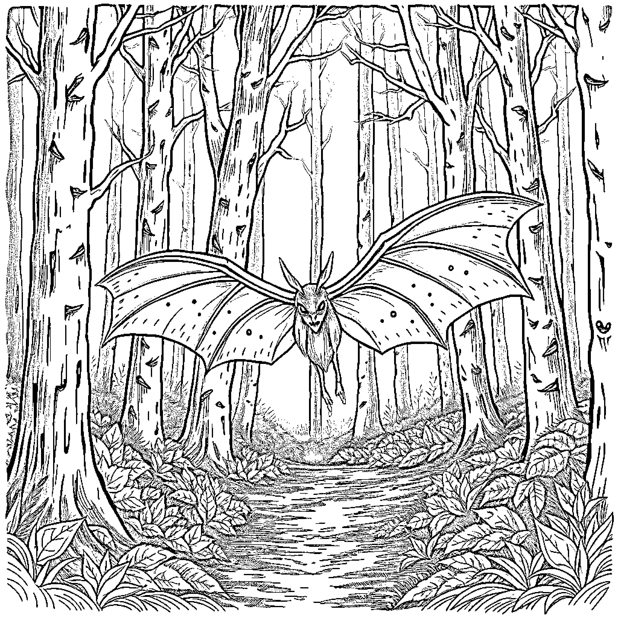 Mothman emerging from the mysterious forest Coloring Page (free black-and-white line drawing printable PDF for all, from beginners to advanced learners, including children, teens, adults, and seniors)