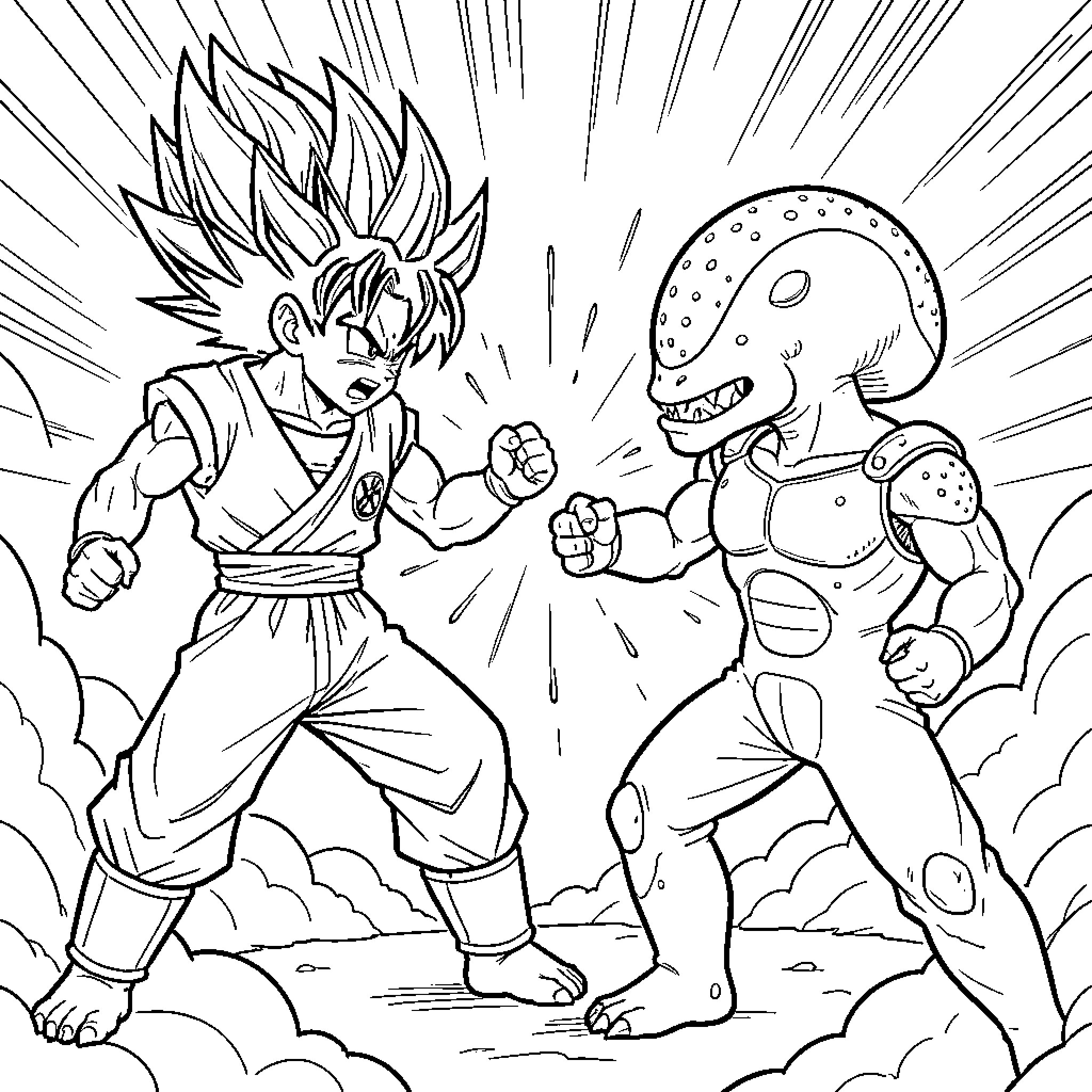 Son Goku facing off against a powerful alien opponent Coloring Page (free black-and-white line drawing printable PDF for all, from beginners to advanced learners, including children, teens, adults, and seniors)