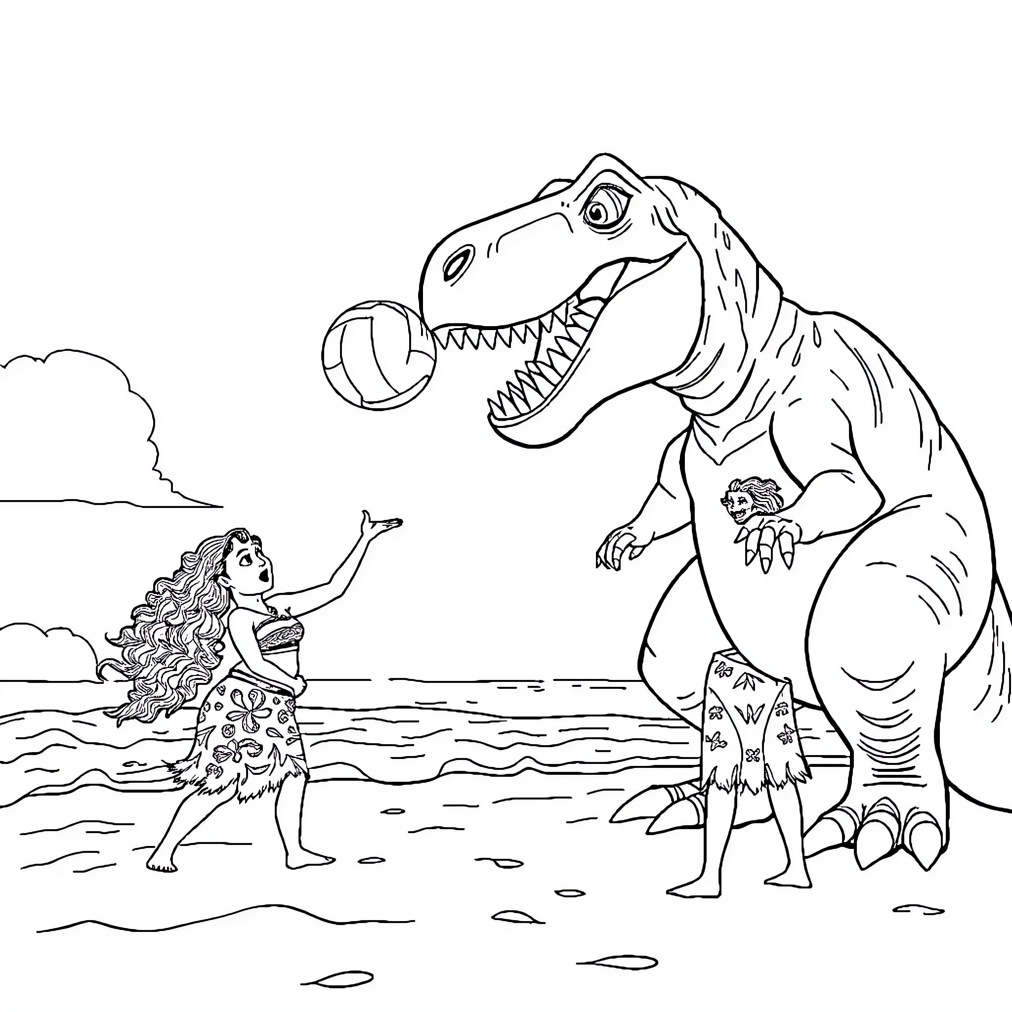 T-Rex Chasing Cavewoman on the Beach Coloring Page (free black-and-white line drawing printable PDF for all, from beginners to advanced learners, including children, teens, adults, and seniors)