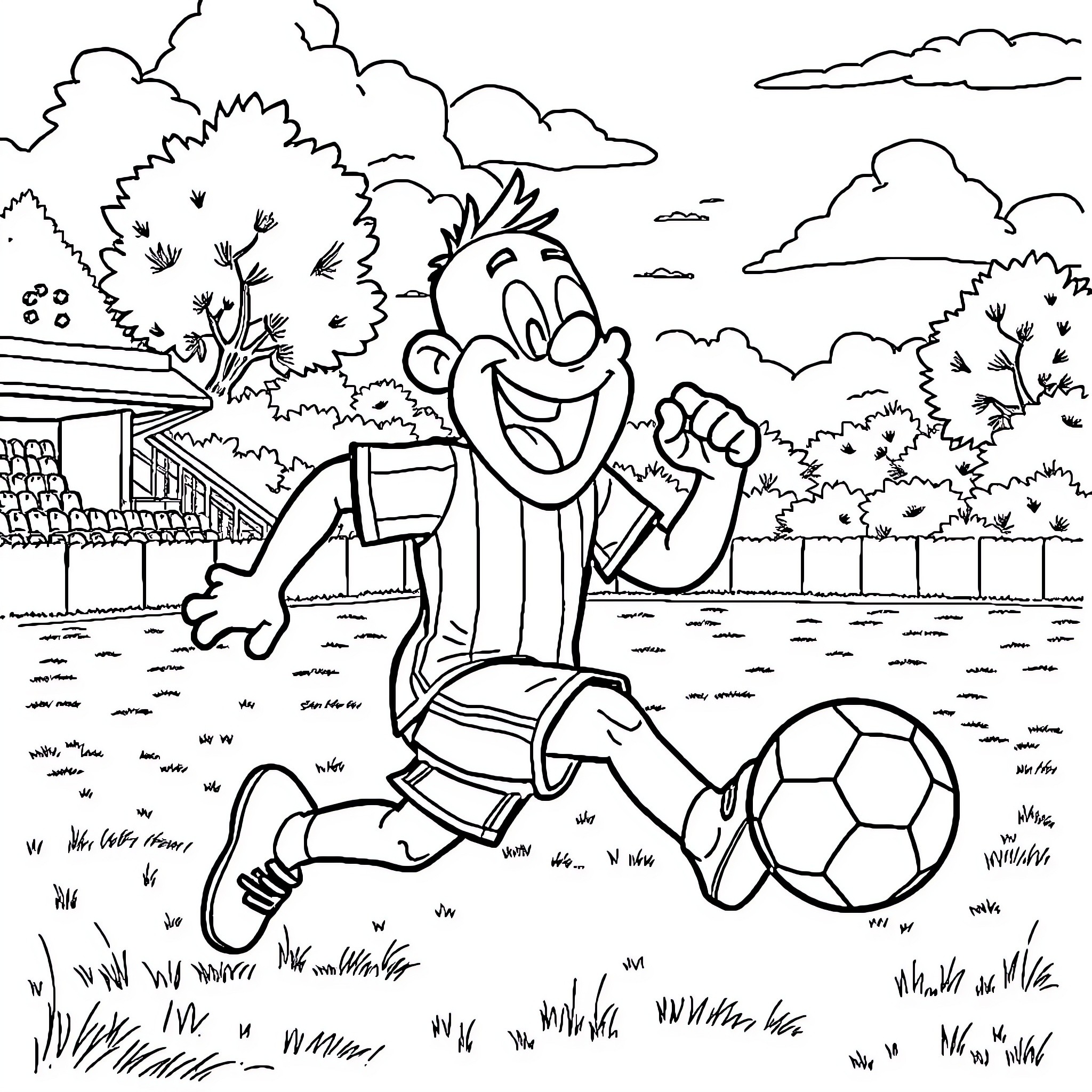 Boss Bony playing happily with soccer ball in the park Coloring Page (free black-and-white line drawing printable PDF for all, from beginners to advanced learners, including children, teens, adults, and seniors)