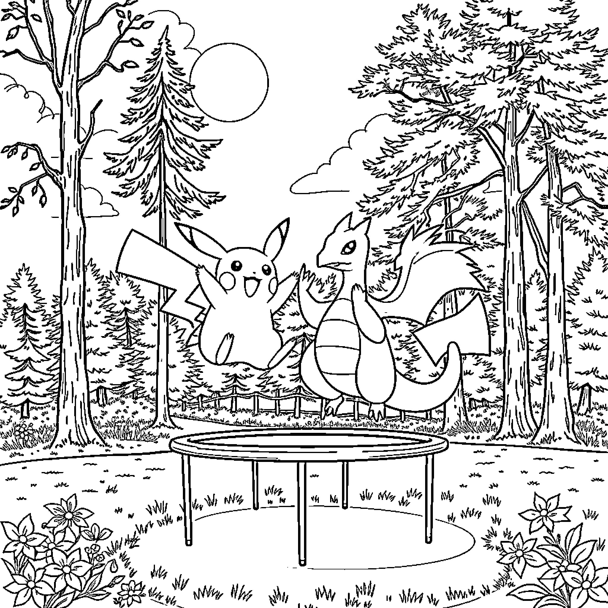 Pikachu and Charmander playing in the forest Coloring Page (free black-and-white line drawing printable PDF for all, from beginners to advanced learners, including children, teens, adults, and seniors)
