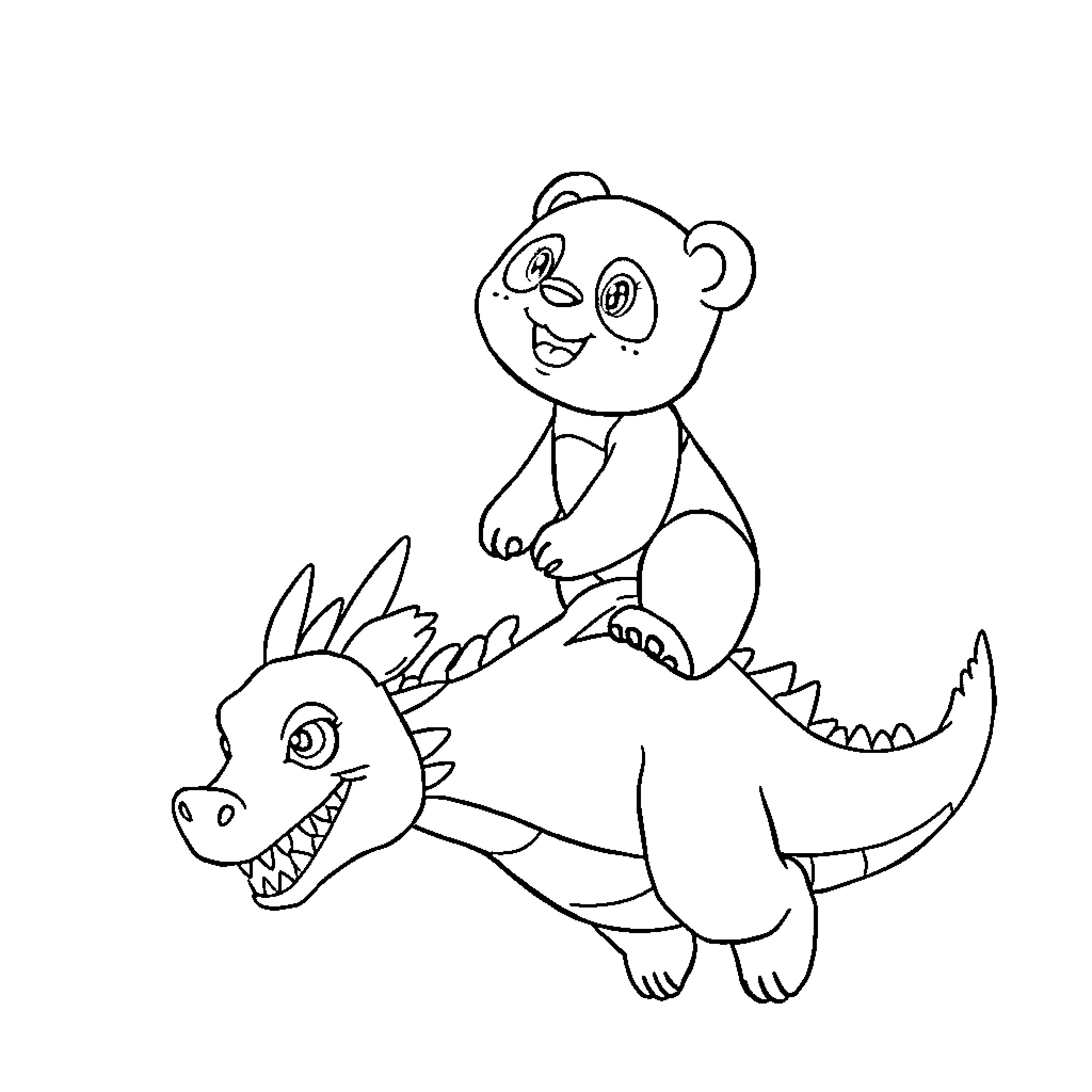Panda riding playfully on a dinosaur Coloring Page (free black-and-white line drawing printable PDF for all, from beginners to advanced learners, including children, teens, adults, and seniors)