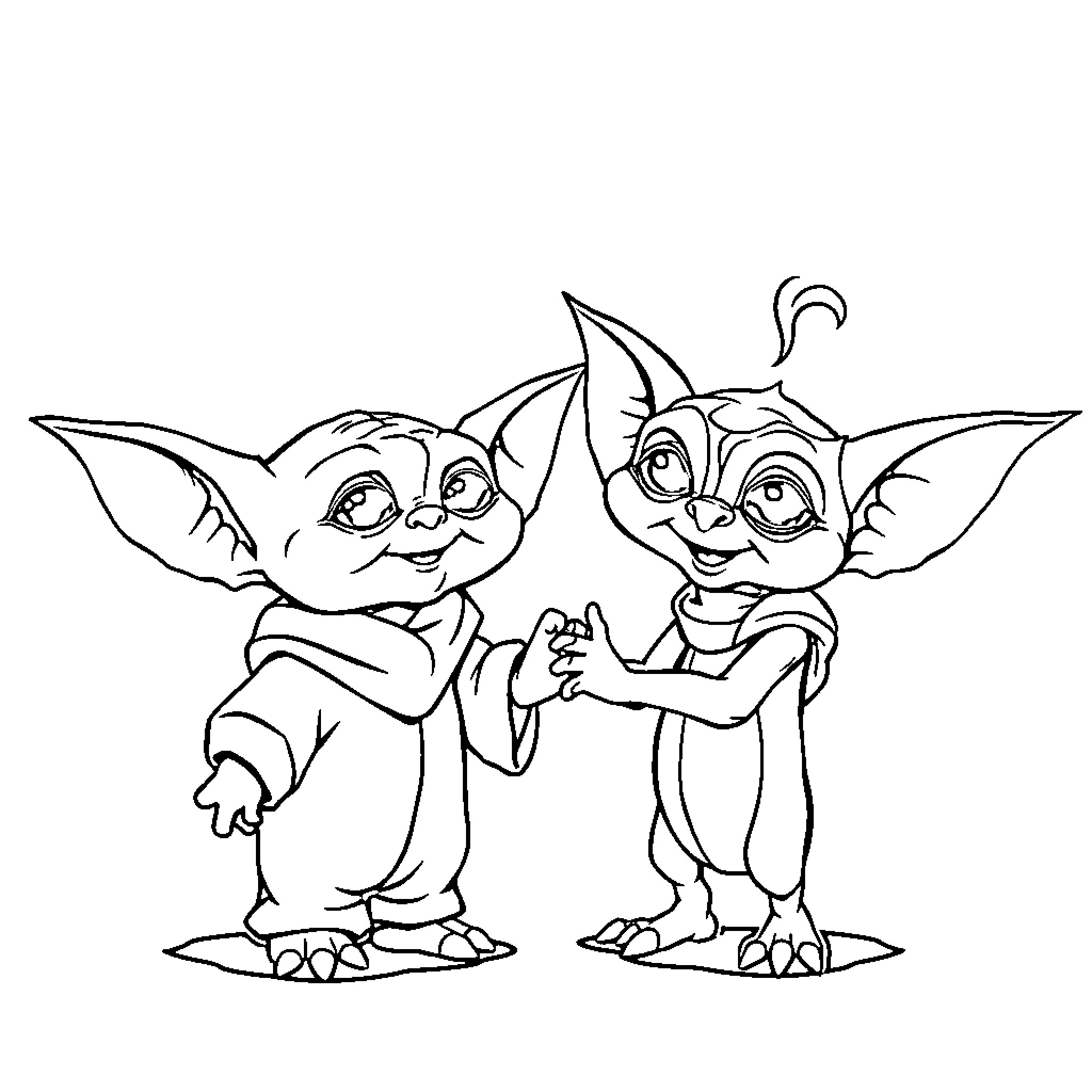 Yoda-like creatures in whimsical poses Coloring Page (free black-and-white line drawing printable PDF for all, from beginners to advanced learners, including children, teens, adults, and seniors)