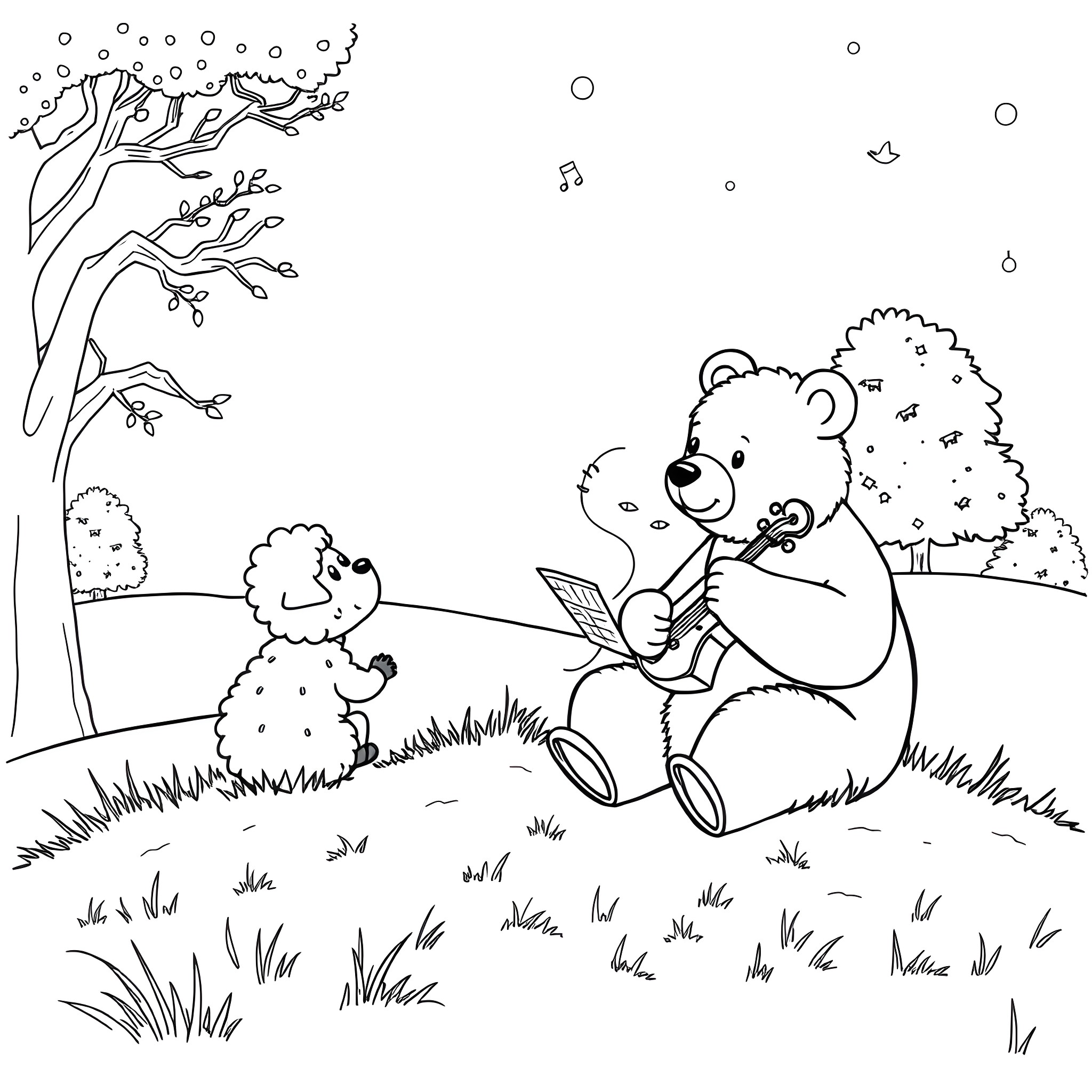 Sheep enjoying a musical performance in the park Coloring Page (free black-and-white line drawing printable PDF for all, from beginners to advanced learners, including children, teens, adults, and seniors)