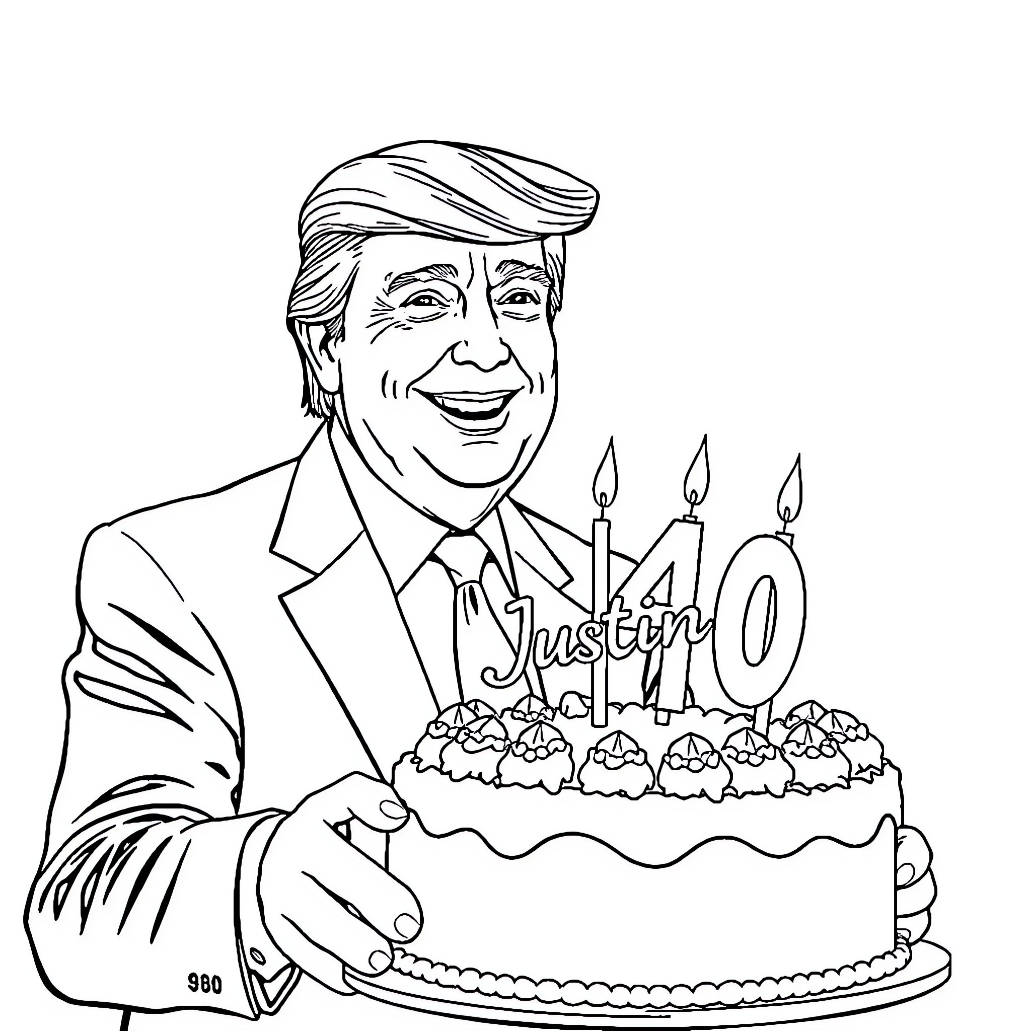 Donald Trump Celebrating Birthday with Cake Coloring Page (free black-and-white line drawing printable PDF for all, from beginners to advanced learners, including children, teens, adults, and seniors)