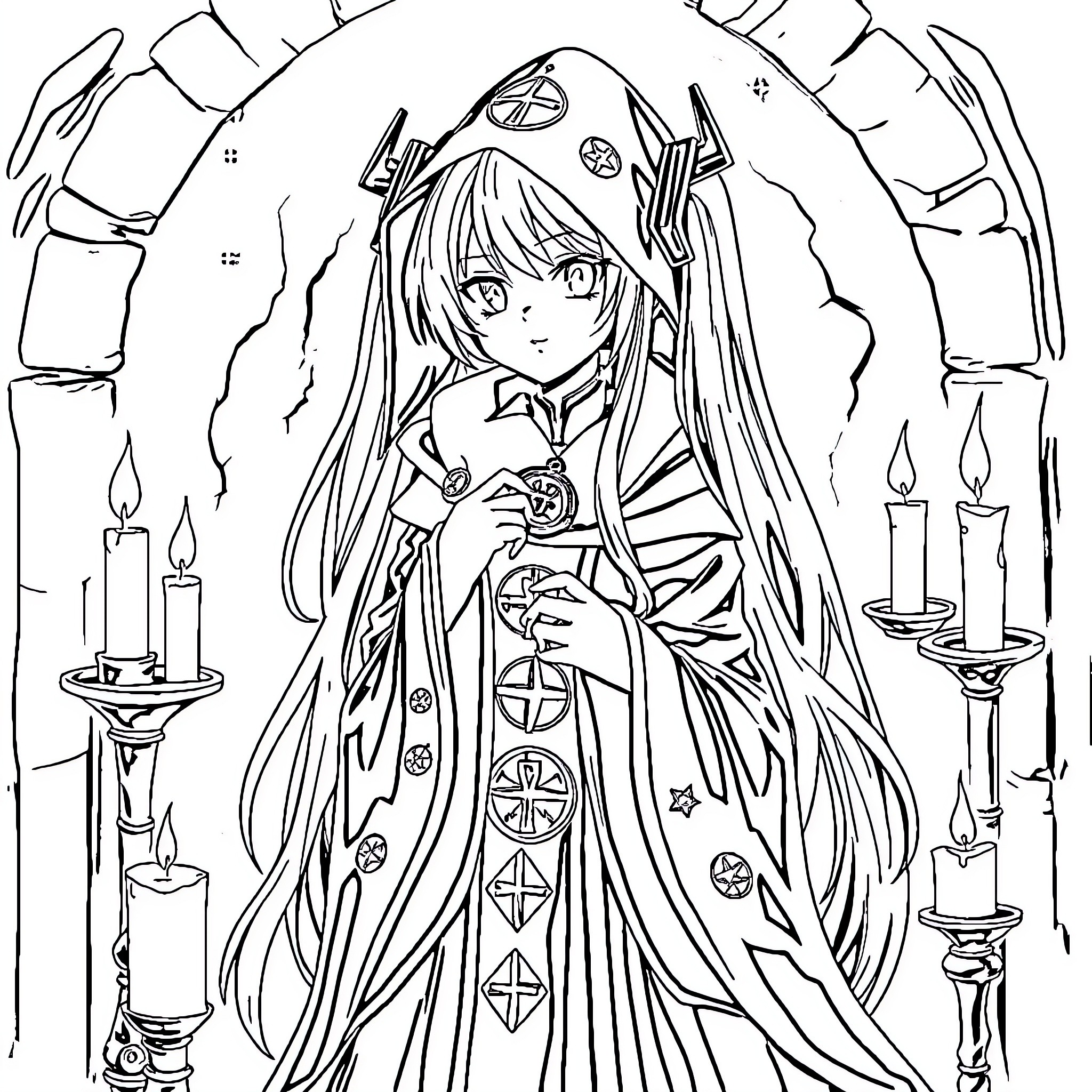Hatsune Miku in a ceremonial robe amid candles Coloring Page (free black-and-white line drawing printable PDF for all, from beginners to advanced learners, including children, teens, adults, and seniors)