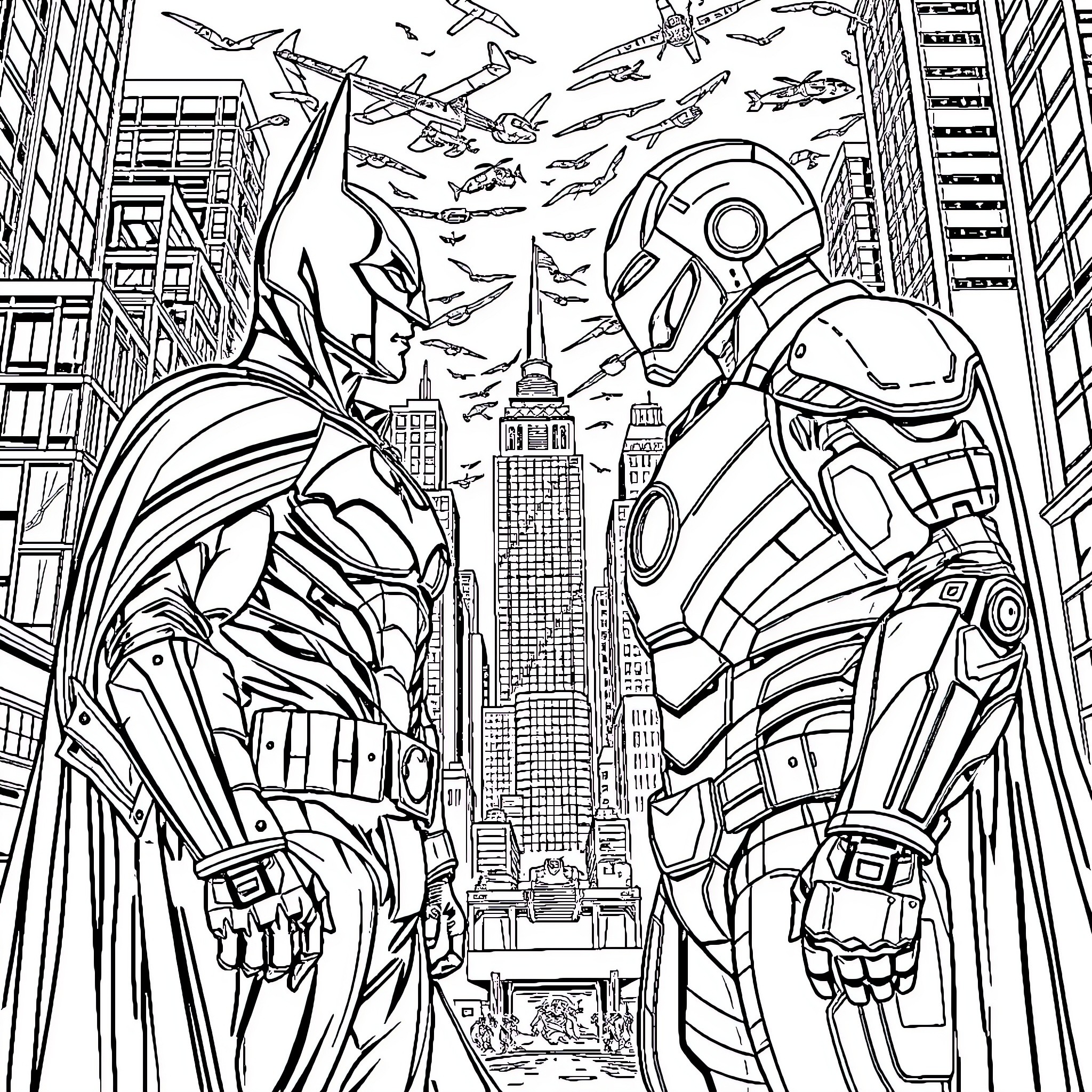 Batman and Robotic Companion Defend Gotham City Coloring Page (free black-and-white line drawing printable PDF for all, from beginners to advanced learners, including children, teens, adults, and seniors)