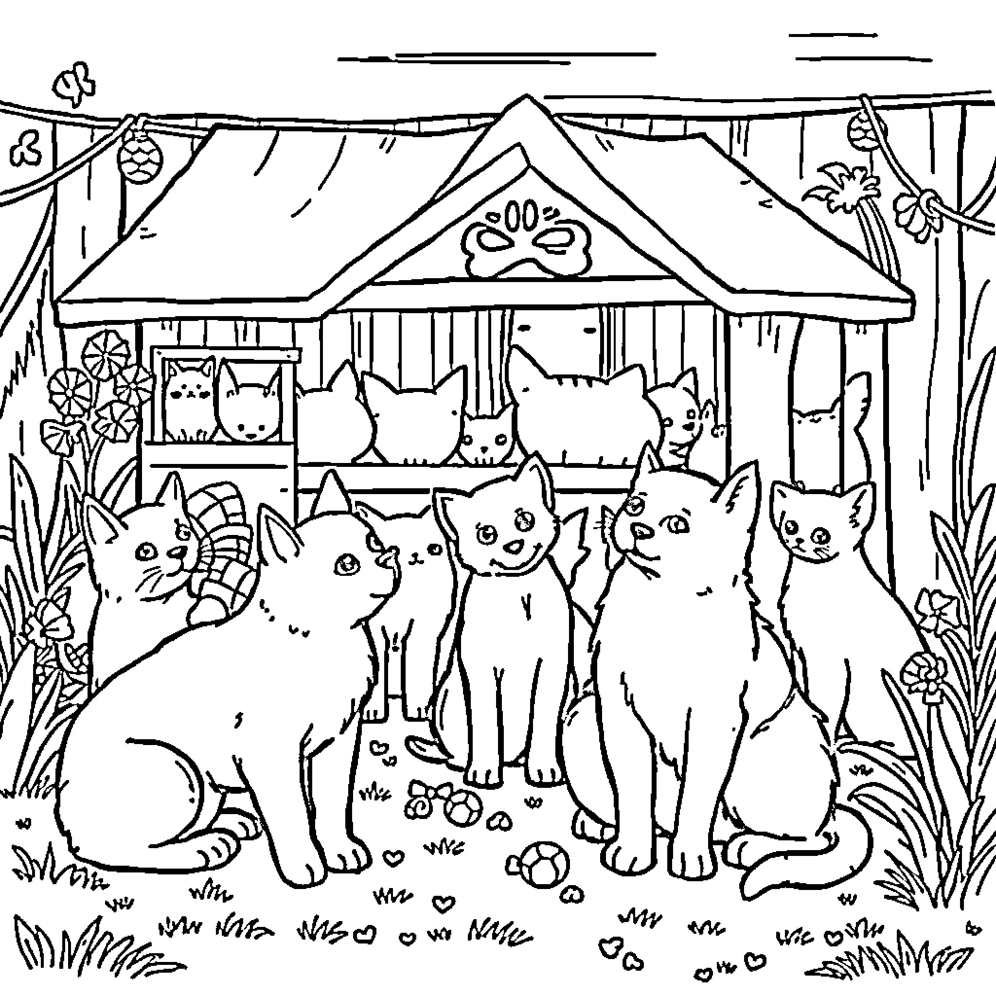 Cat and Dog Sheltering in Whimsical Cottage Coloring Page (free black-and-white line drawing printable PDF for all, from beginners to advanced learners, including children, teens, adults, and seniors)