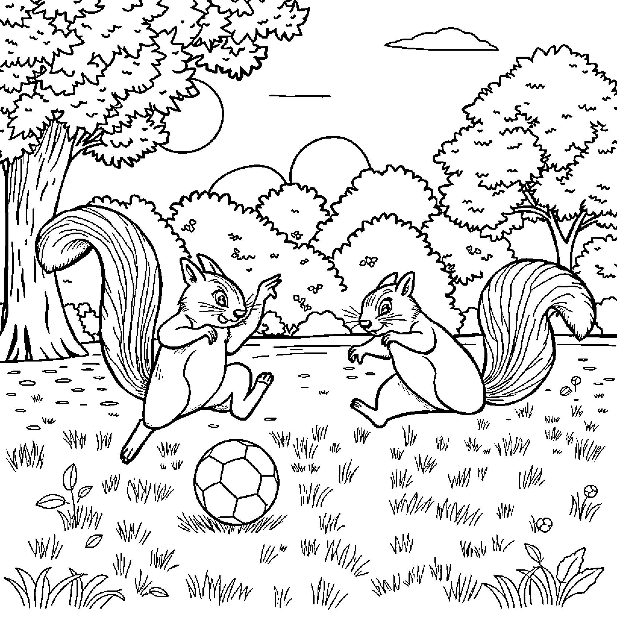 Squirrels playing with a soccer ball in the forest Coloring Page (free black-and-white line drawing printable PDF for all, from beginners to advanced learners, including children, teens, adults, and seniors)