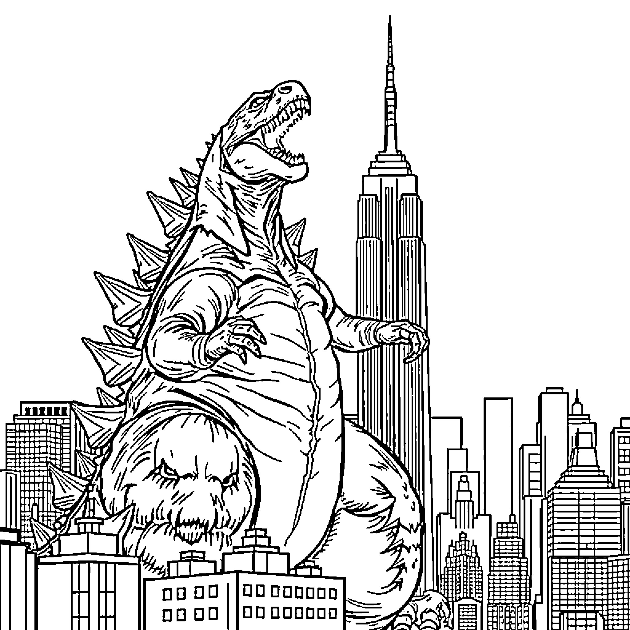 Godzilla rampaging through the city skyline Coloring Page (free black-and-white line drawing printable PDF for all, from beginners to advanced learners, including children, teens, adults, and seniors)