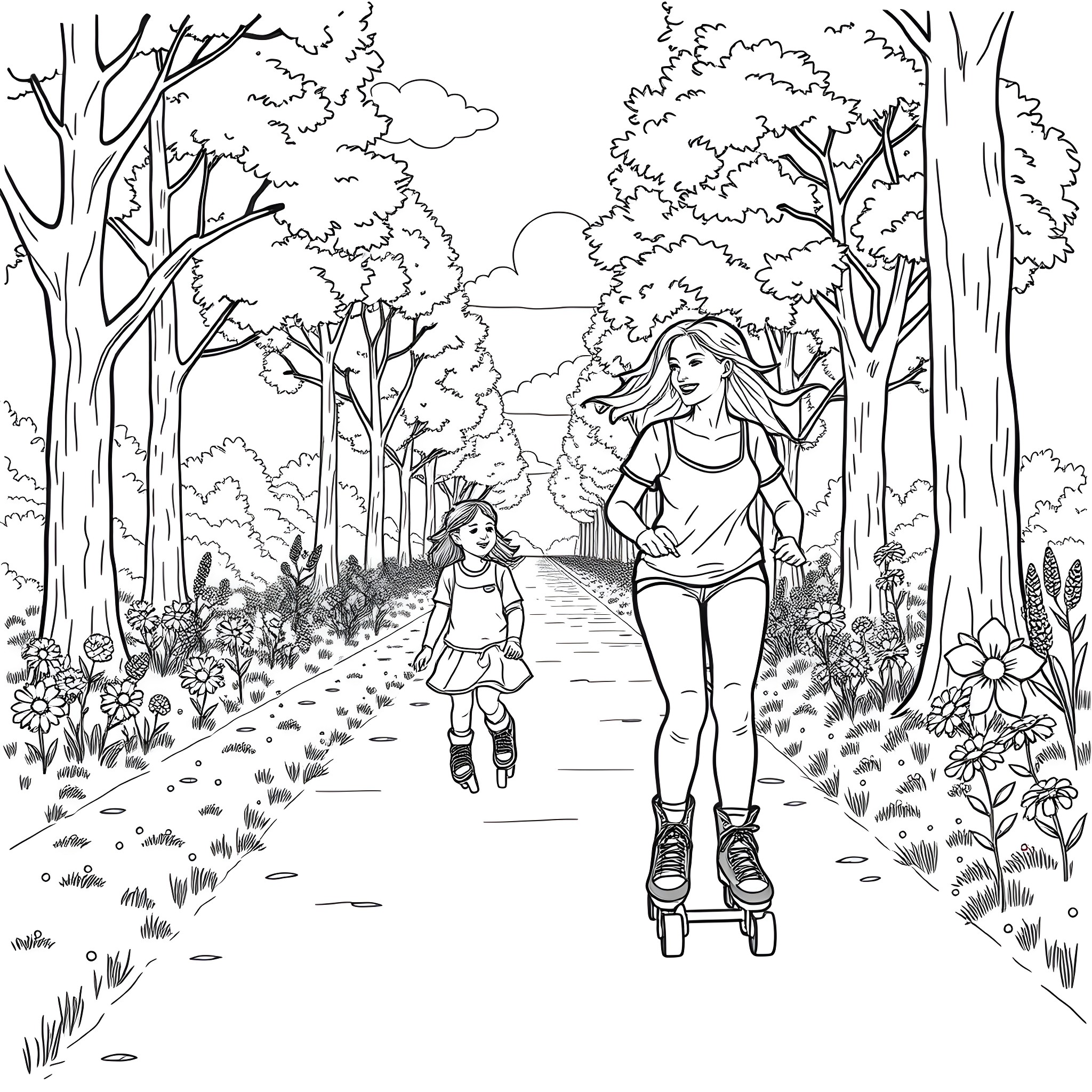 Mother and child walking together in lush forest Coloring Page (free black-and-white line drawing printable PDF for all, from beginners to advanced learners, including children, teens, adults, and seniors)