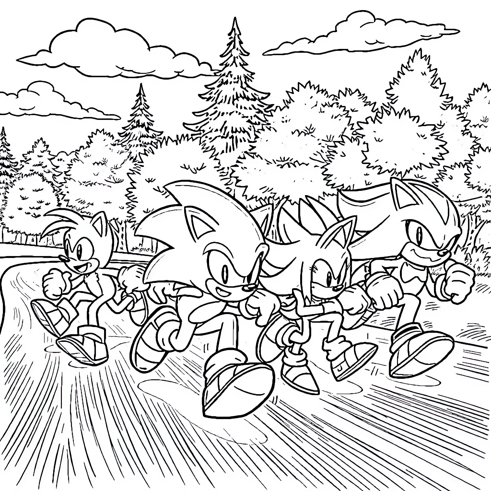 Sonic characters running through forest scenery Coloring Page (free black-and-white line drawing printable PDF for all, from beginners to advanced learners, including children, teens, adults, and seniors)