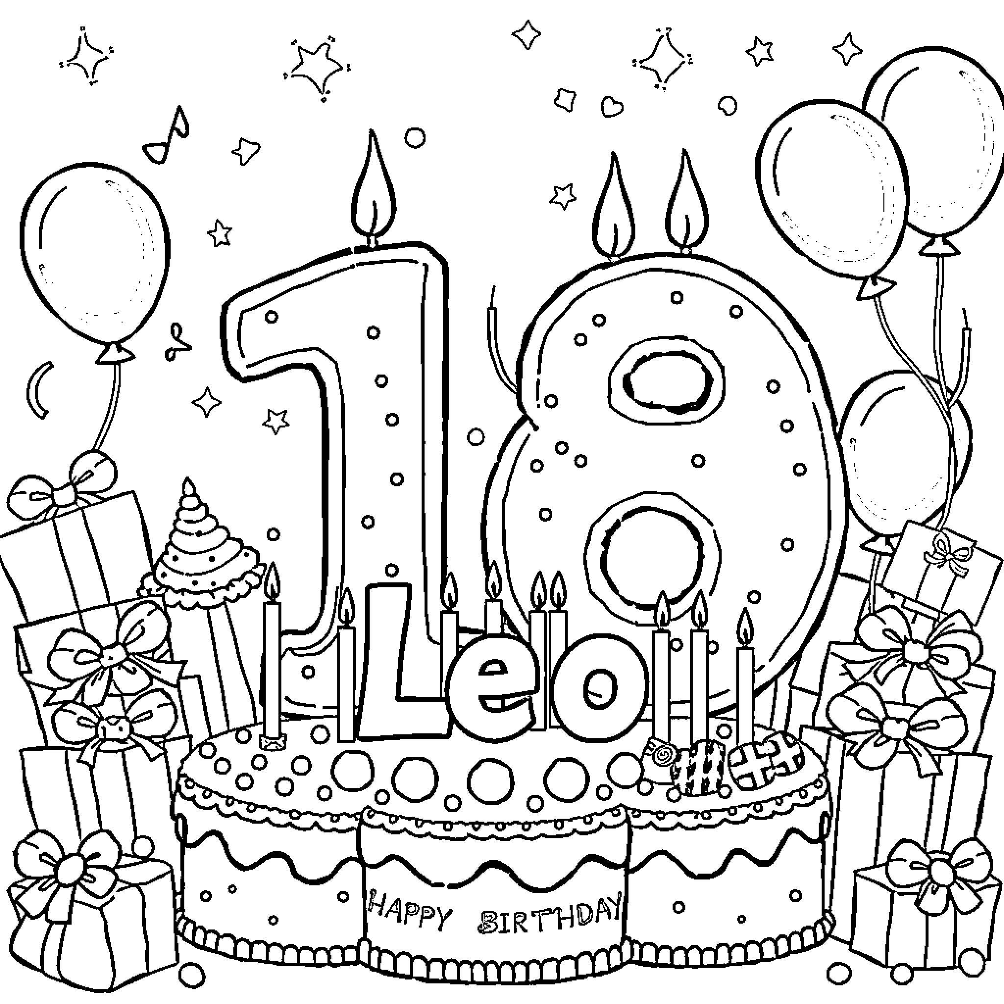 Number 1 Birthday Celebration with Cake and Gifts Coloring Page (free black-and-white line drawing printable PDF for all, from beginners to advanced learners, including children, teens, adults, and seniors)