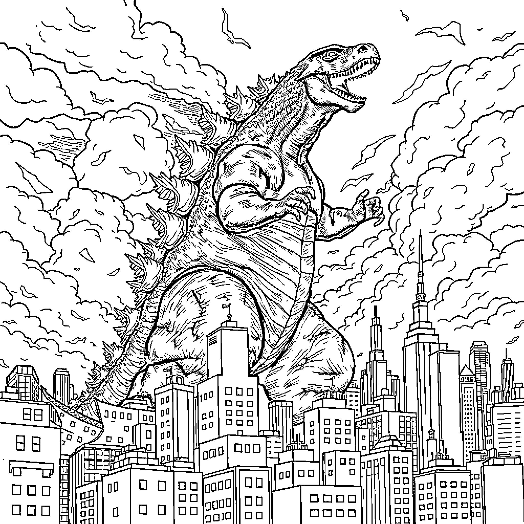Godzilla rampaging through a bustling city Coloring Page (free black-and-white line drawing printable PDF for all, from beginners to advanced learners, including children, teens, adults, and seniors)
