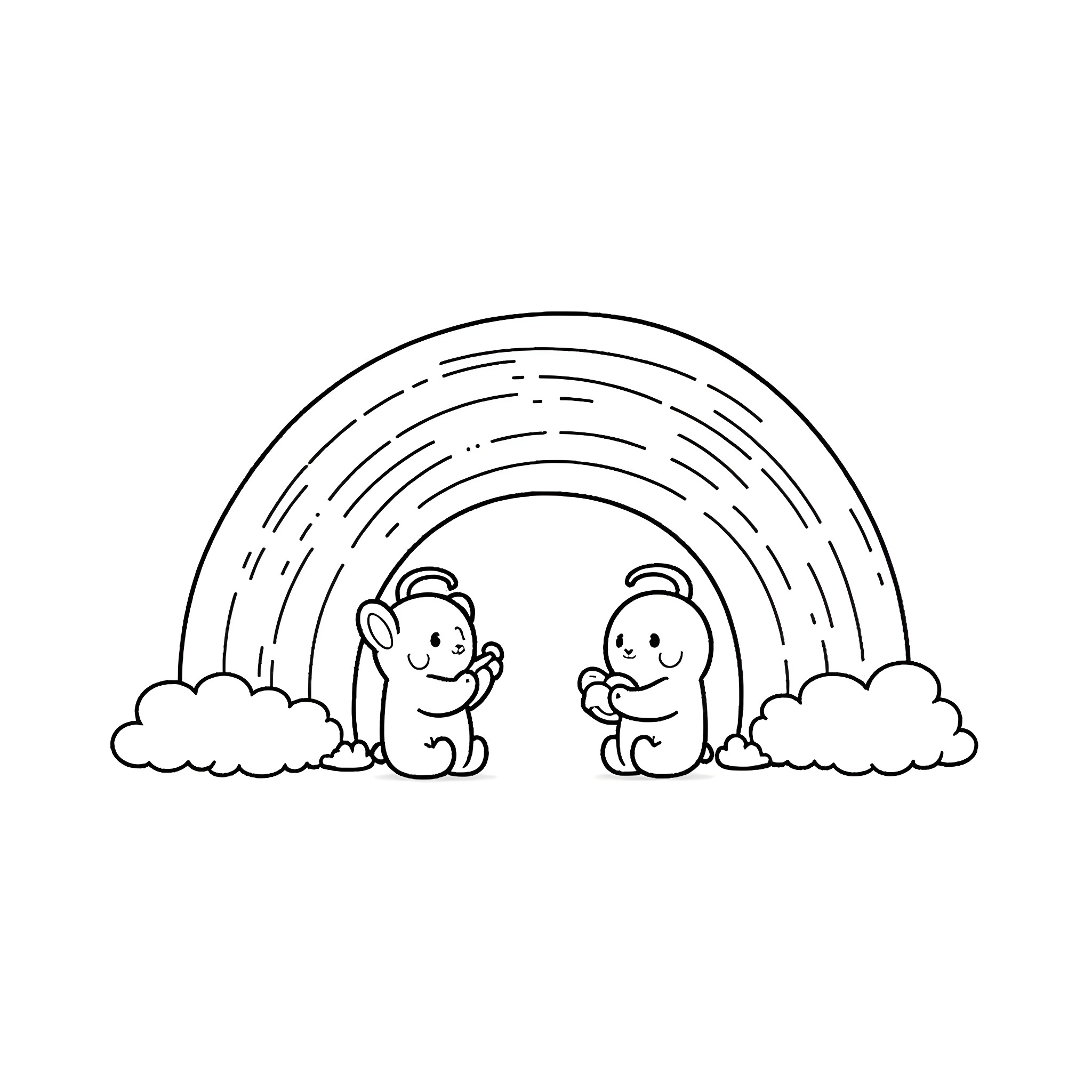 Rainbow Friends Beneath the Whimsical Arch Coloring Page (free black-and-white line drawing printable PDF for all, from beginners to advanced learners, including children, teens, adults, and seniors)