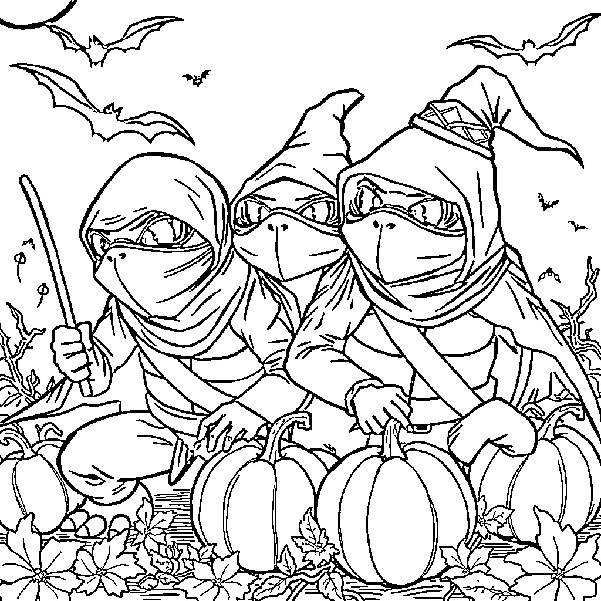 Teenage Mutant Ninja Turtles in Halloween Scene Coloring Page (free black-and-white line drawing printable PDF for all, from beginners to advanced learners, including children, teens, adults, and seniors)