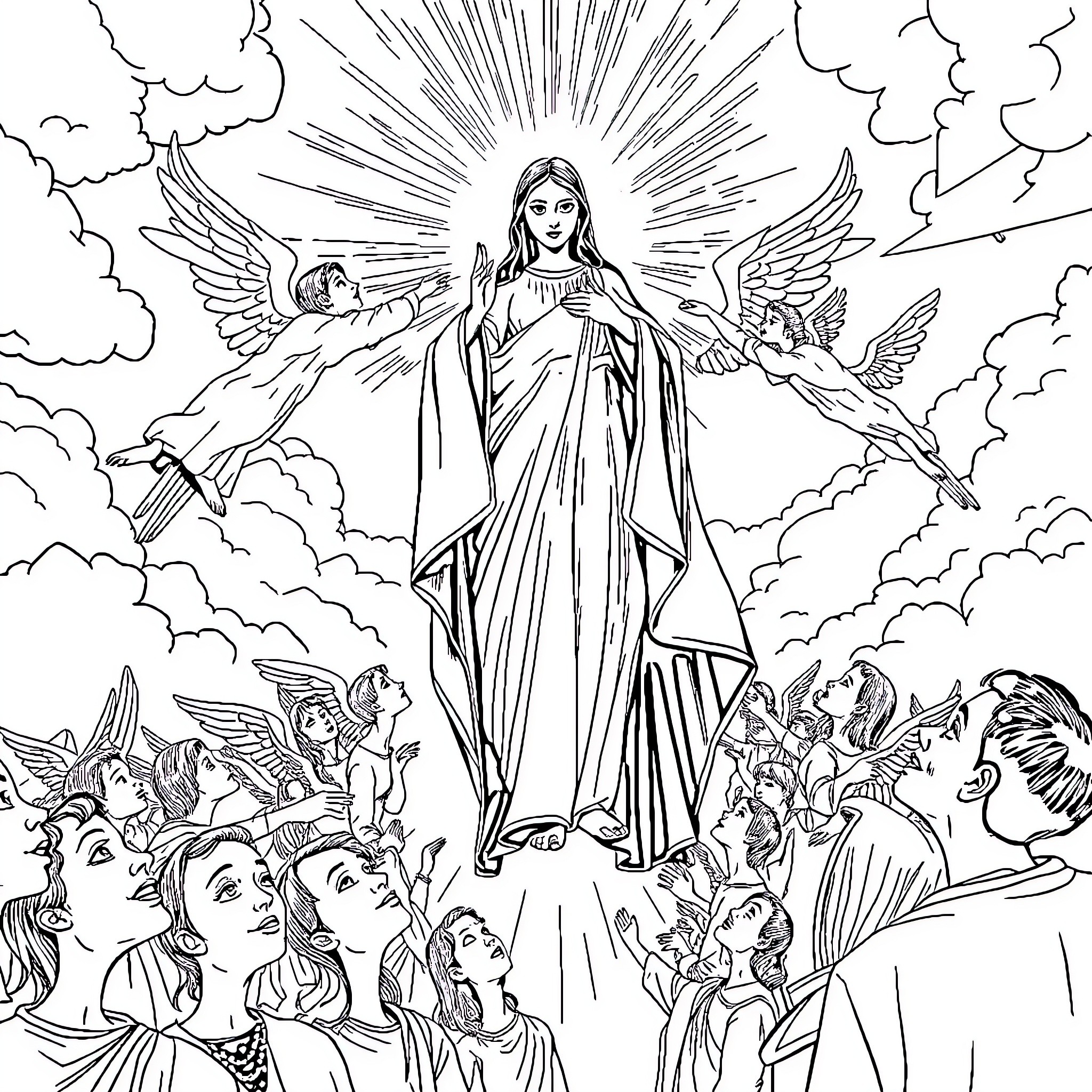 Virgin Mary appearing among angels and worshippers Coloring Page (free black-and-white line drawing printable PDF for all, from beginners to advanced learners, including children, teens, adults, and seniors)