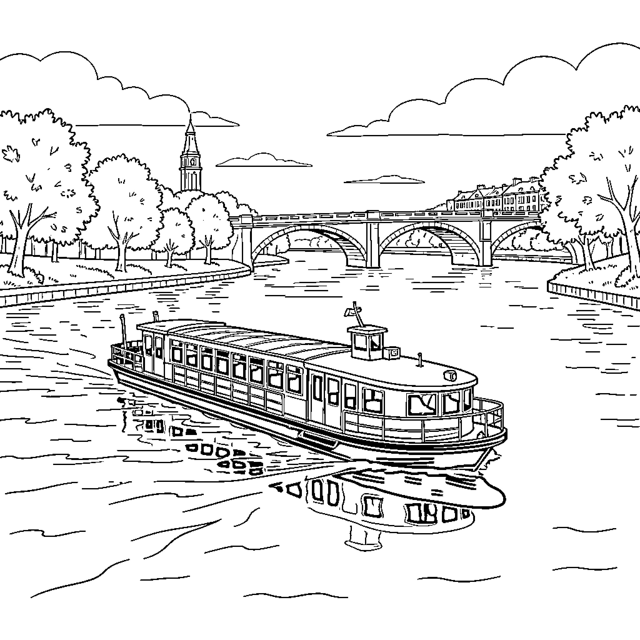 Bac du Pellerin: Riverboat cruising along the Seine Coloring Page (free black-and-white line drawing printable PDF for all, from beginners to advanced learners, including children, teens, adults, and seniors)