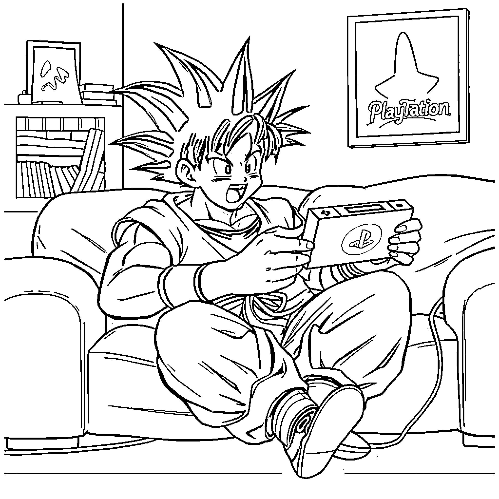 Son Goku playing video game excitedly Coloring Page (free black-and-white line drawing printable PDF for all, from beginners to advanced learners, including children, teens, adults, and seniors)