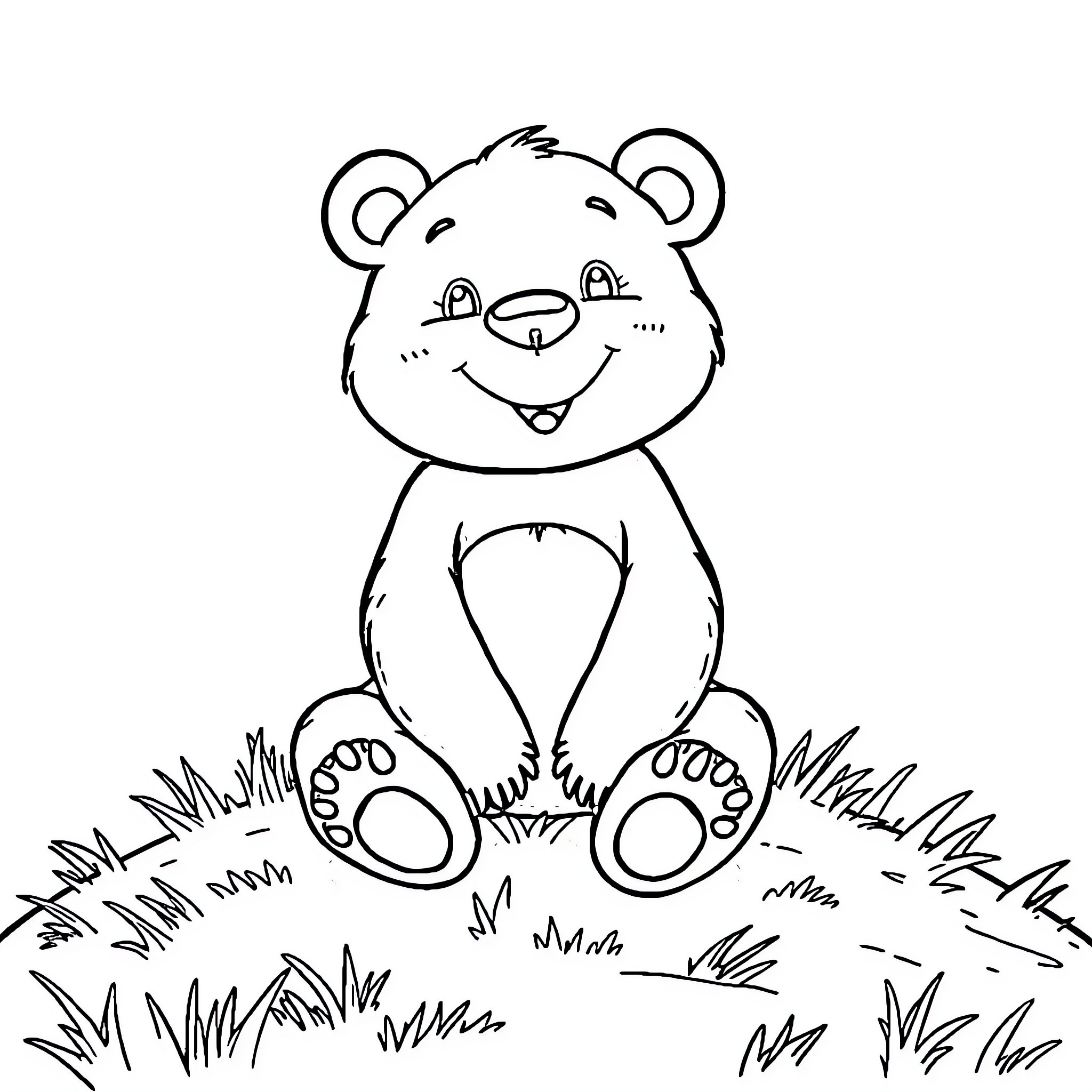 Bear sitting happily in the grass Coloring Page (free black-and-white line drawing printable PDF for all, from beginners to advanced learners, including children, teens, adults, and seniors)