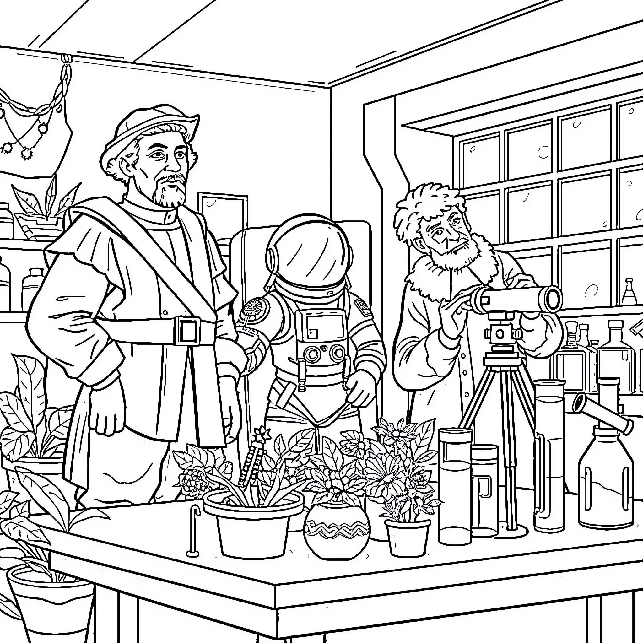 Scientist in a Laboratory Examining Experiments Coloring Page (free black-and-white line drawing printable PDF for all, from beginners to advanced learners, including children, teens, adults, and seniors)