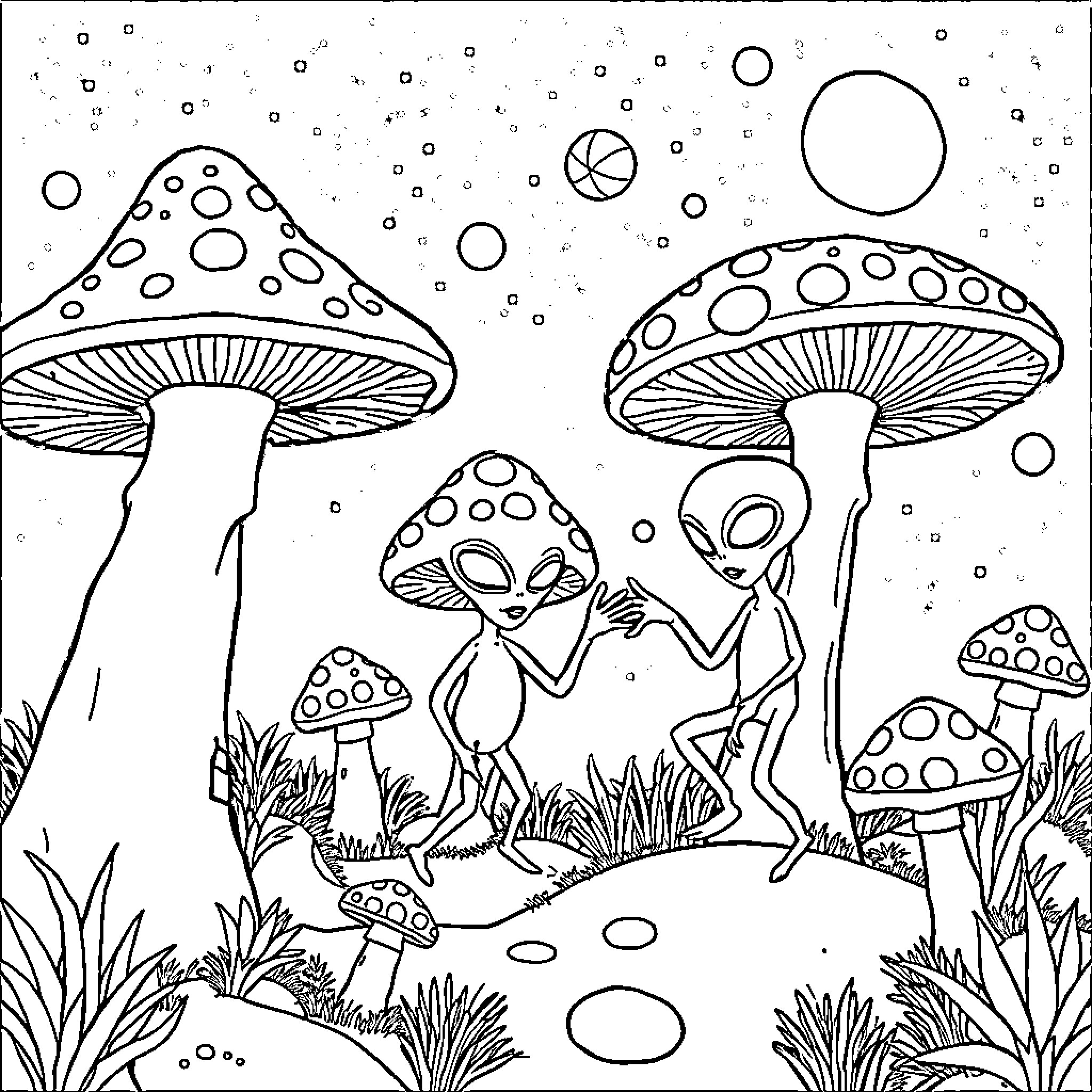 Alien mushroom creatures in a surreal landscape Coloring Page (free black-and-white line drawing printable PDF for all, from beginners to advanced learners, including children, teens, adults, and seniors)