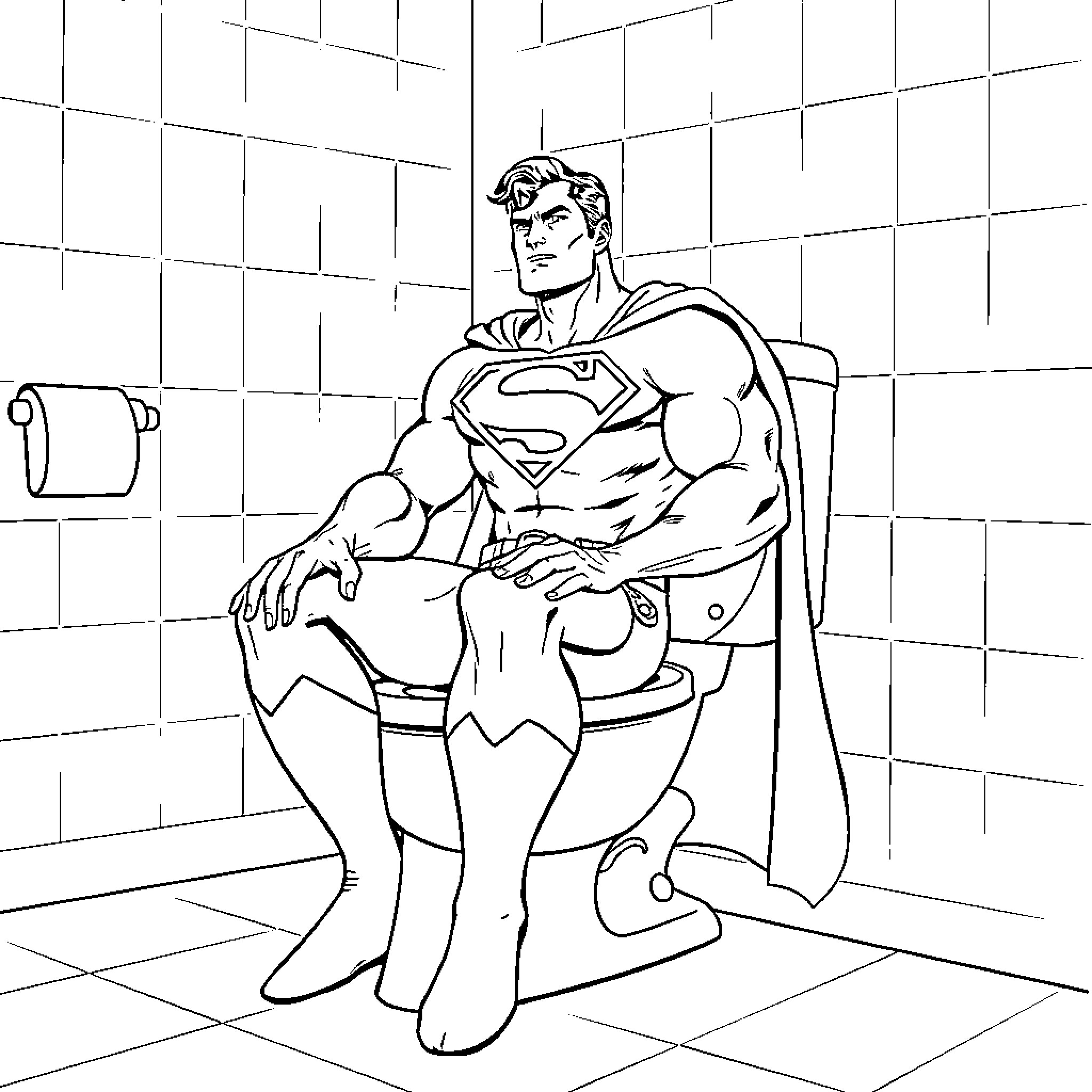 Superman resting on the toilet Coloring Page (free black-and-white line drawing printable PDF for all, from beginners to advanced learners, including children, teens, adults, and seniors)