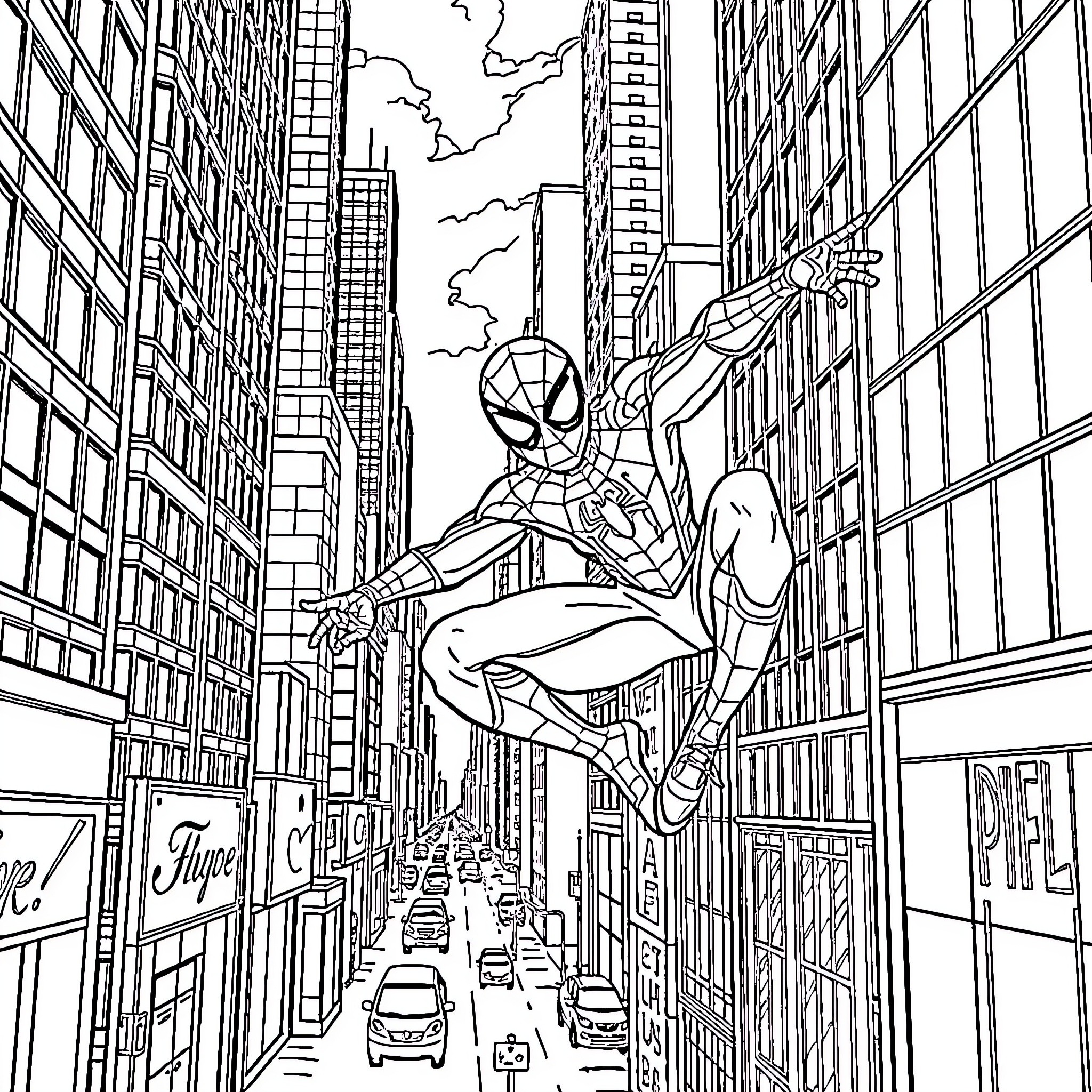 Spider-Man swinging through the city streets Coloring Page (free black-and-white line drawing printable PDF for all, from beginners to advanced learners, including children, teens, adults, and seniors)