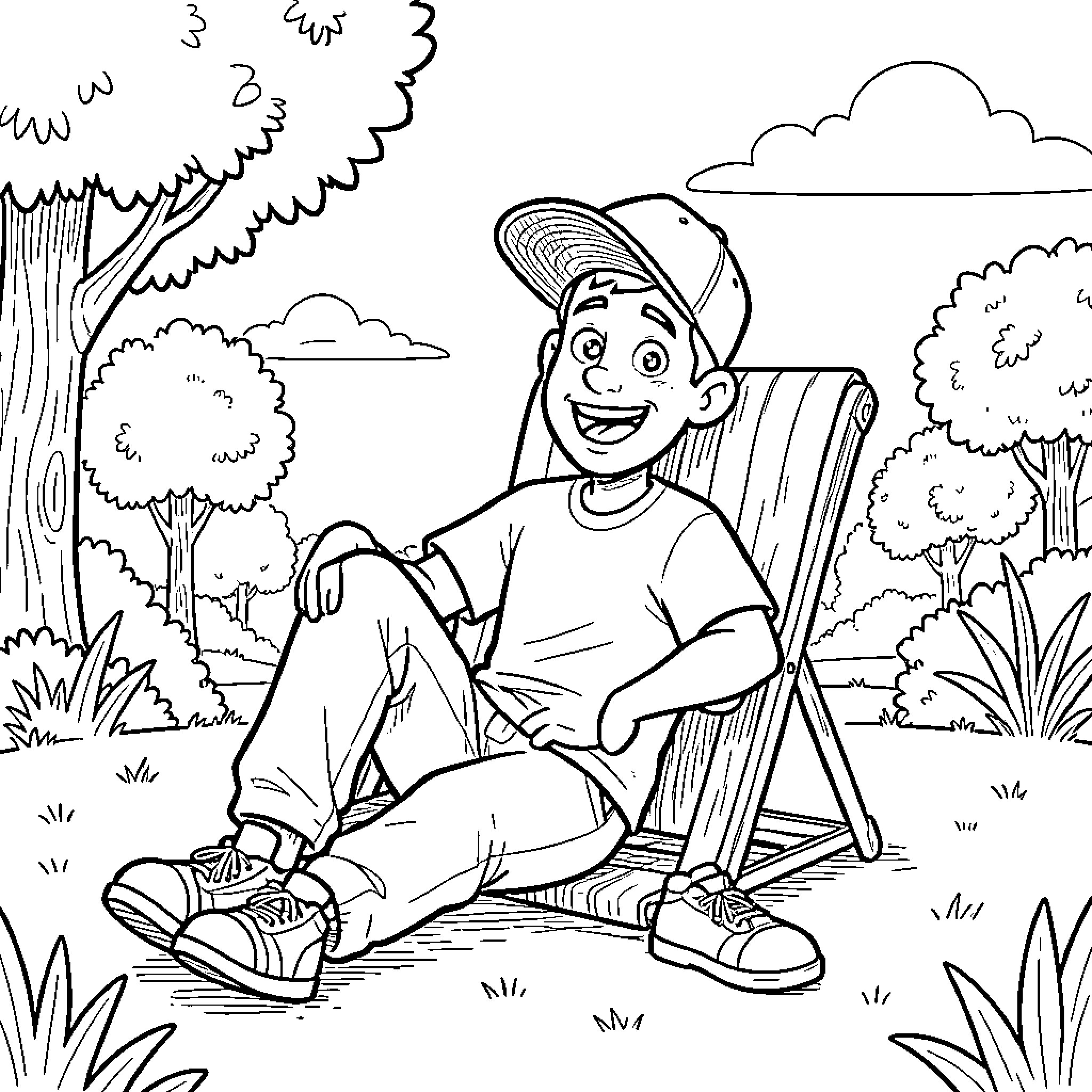 Riley enjoying the outdoors in nature Coloring Page (free black-and-white line drawing printable PDF for all, from beginners to advanced learners, including children, teens, adults, and seniors)