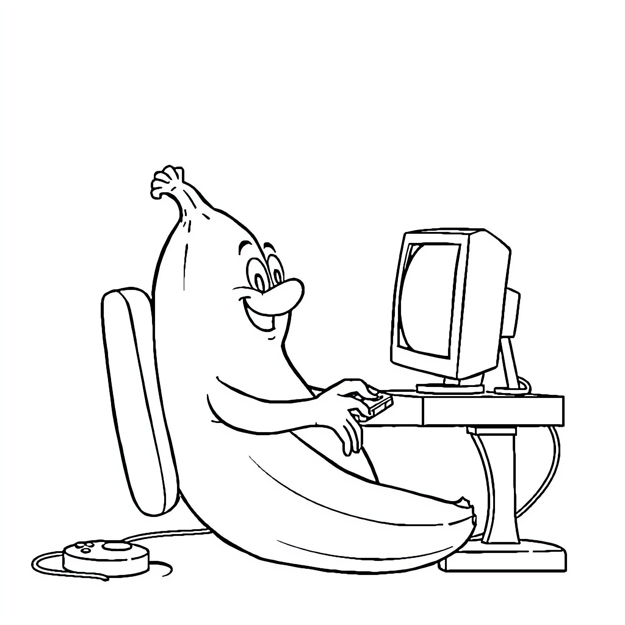 Banana playing video games on computer Coloring Page (free black-and-white line drawing printable PDF for all, from beginners to advanced learners, including children, teens, adults, and seniors)