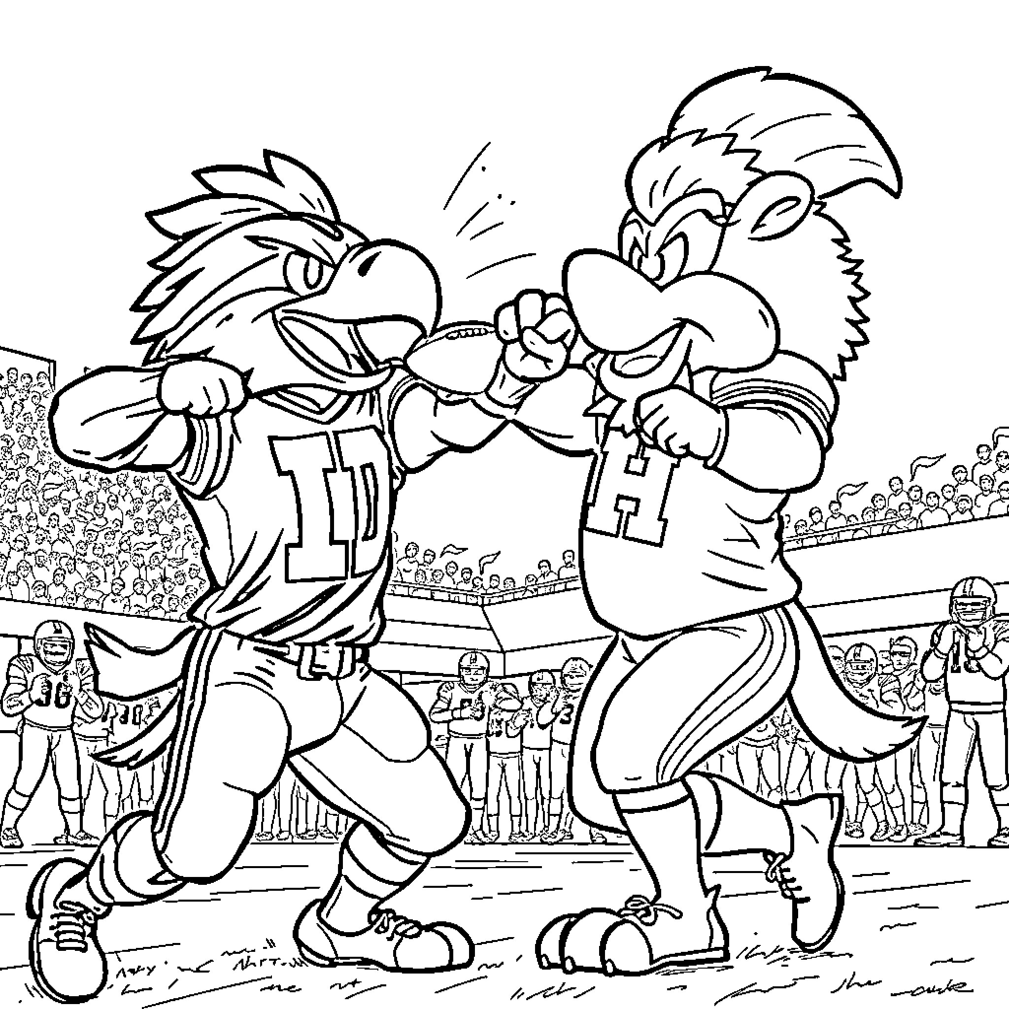 Mascot athletes competing in a sporting event Coloring Page (free black-and-white line drawing printable PDF for all, from beginners to advanced learners, including children, teens, adults, and seniors)