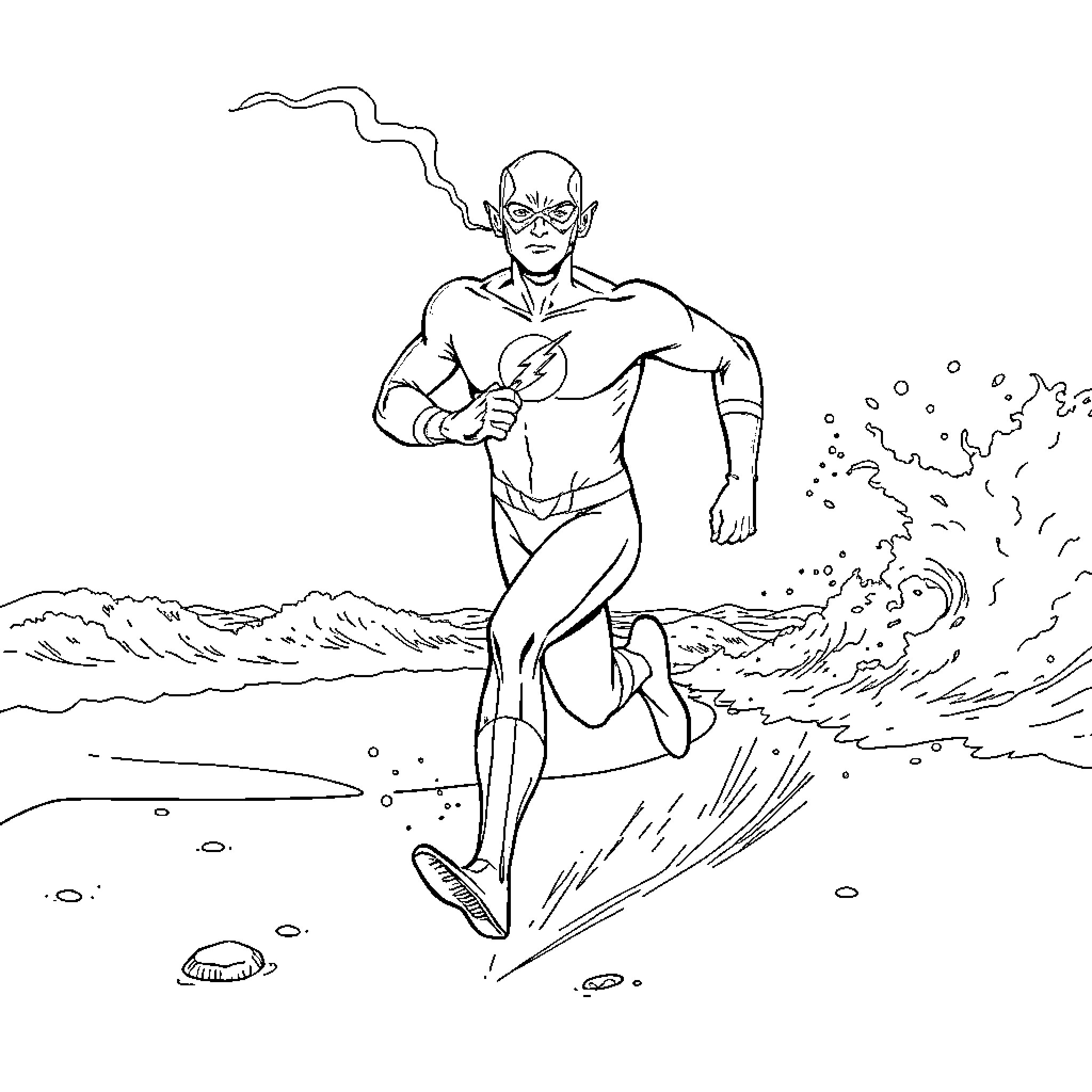Flash Superhero Charging Through the Terrain Coloring Page (free black-and-white line drawing printable PDF for all, from beginners to advanced learners, including children, teens, adults, and seniors)