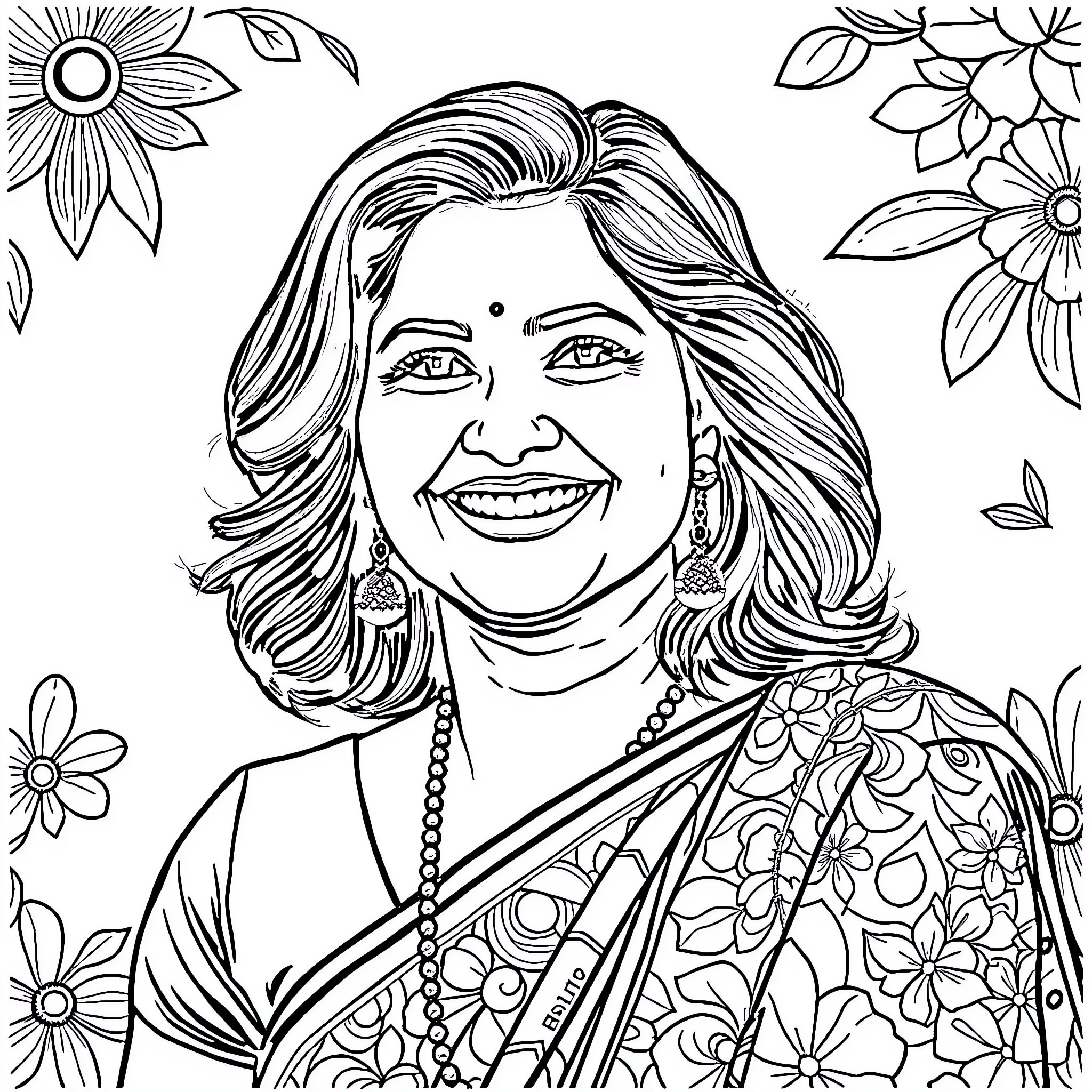Mamitha Baiju smiling amidst floral artwork Coloring Page (free black-and-white line drawing printable PDF for all, from beginners to advanced learners, including children, teens, adults, and seniors)