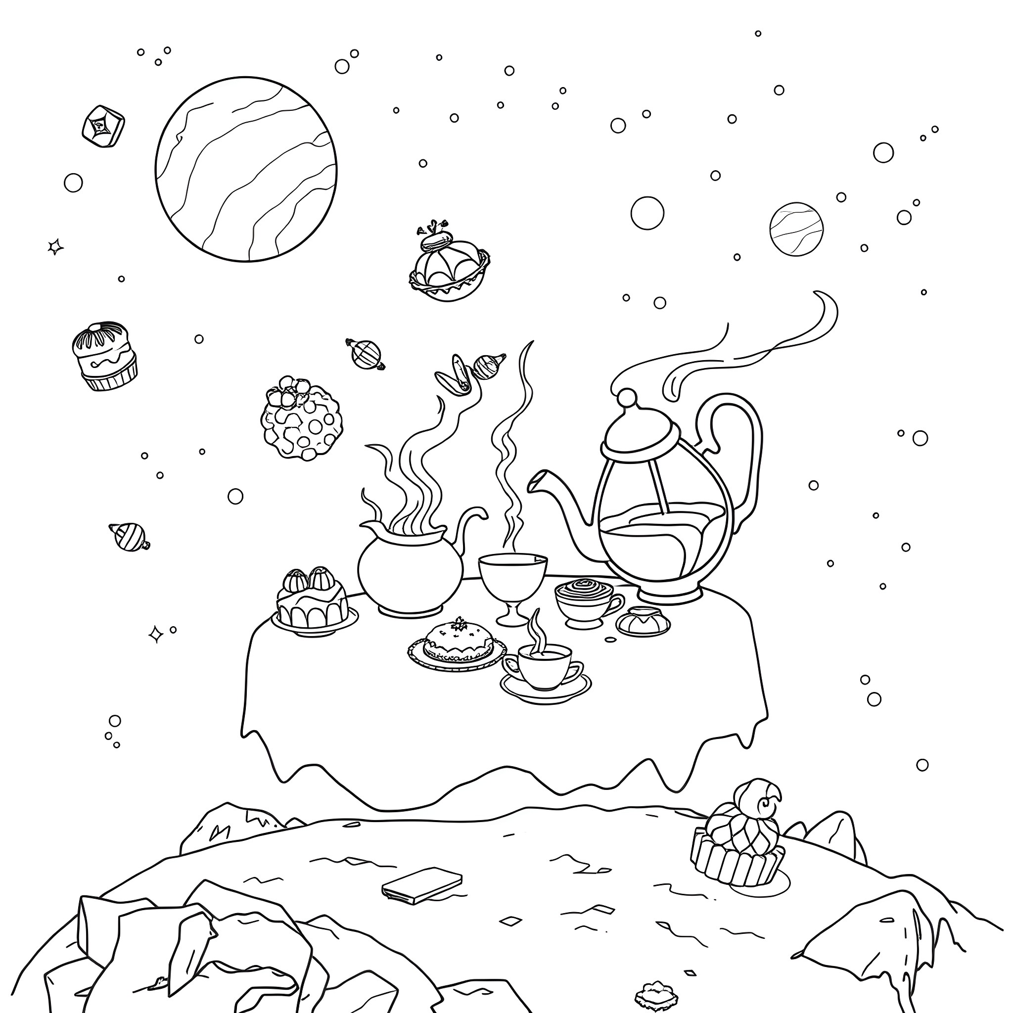 Tea Party in Outer Space Coloring Page (free black-and-white line drawing printable PDF for all, from beginners to advanced learners, including children, teens, adults, and seniors)