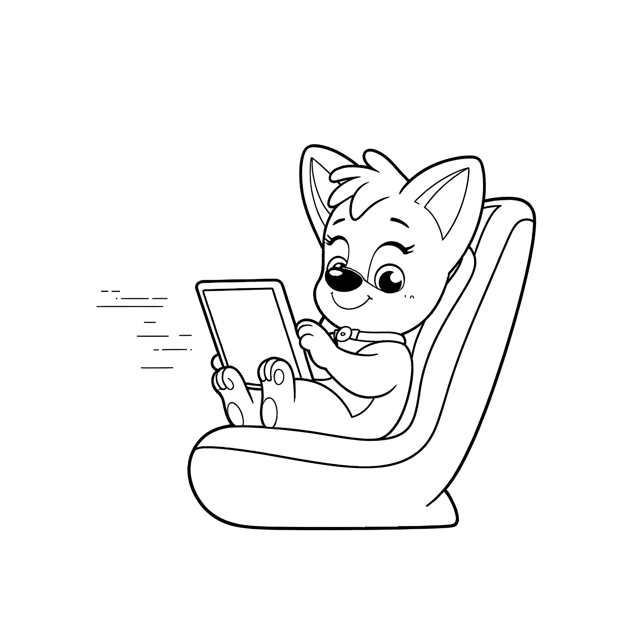 Bluey enjoying digital entertainment in car seat Coloring Page (free black-and-white line drawing printable PDF for all, from beginners to advanced learners, including children, teens, adults, and seniors)