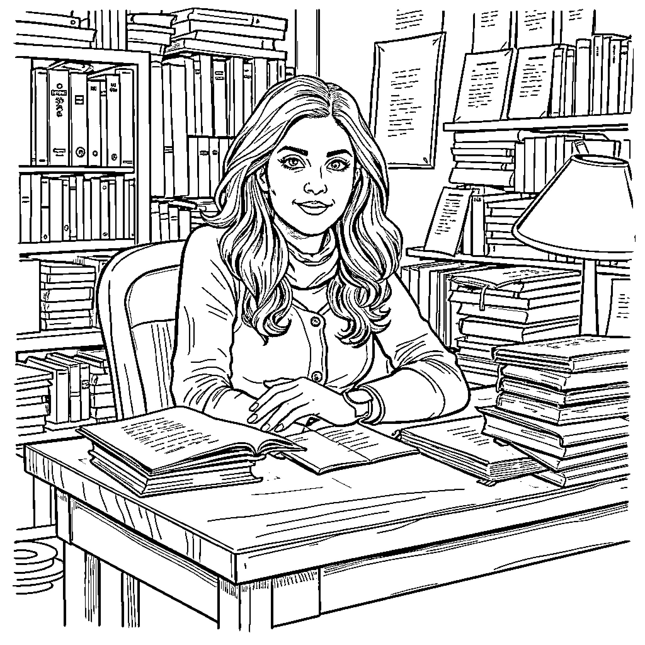 Jérhémia Ficher studying intently in the library Coloring Page (free black-and-white line drawing printable PDF for all, from beginners to advanced learners, including children, teens, adults, and seniors)