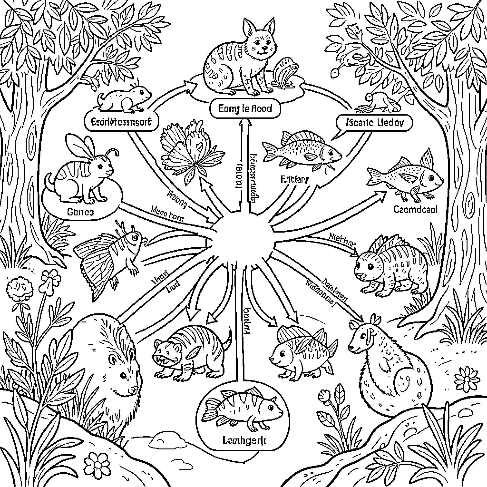 Food Web showing various animals and plants in nature Coloring Page (free black-and-white line drawing printable PDF for all, from beginners to advanced learners, including children, teens, adults, and seniors)
