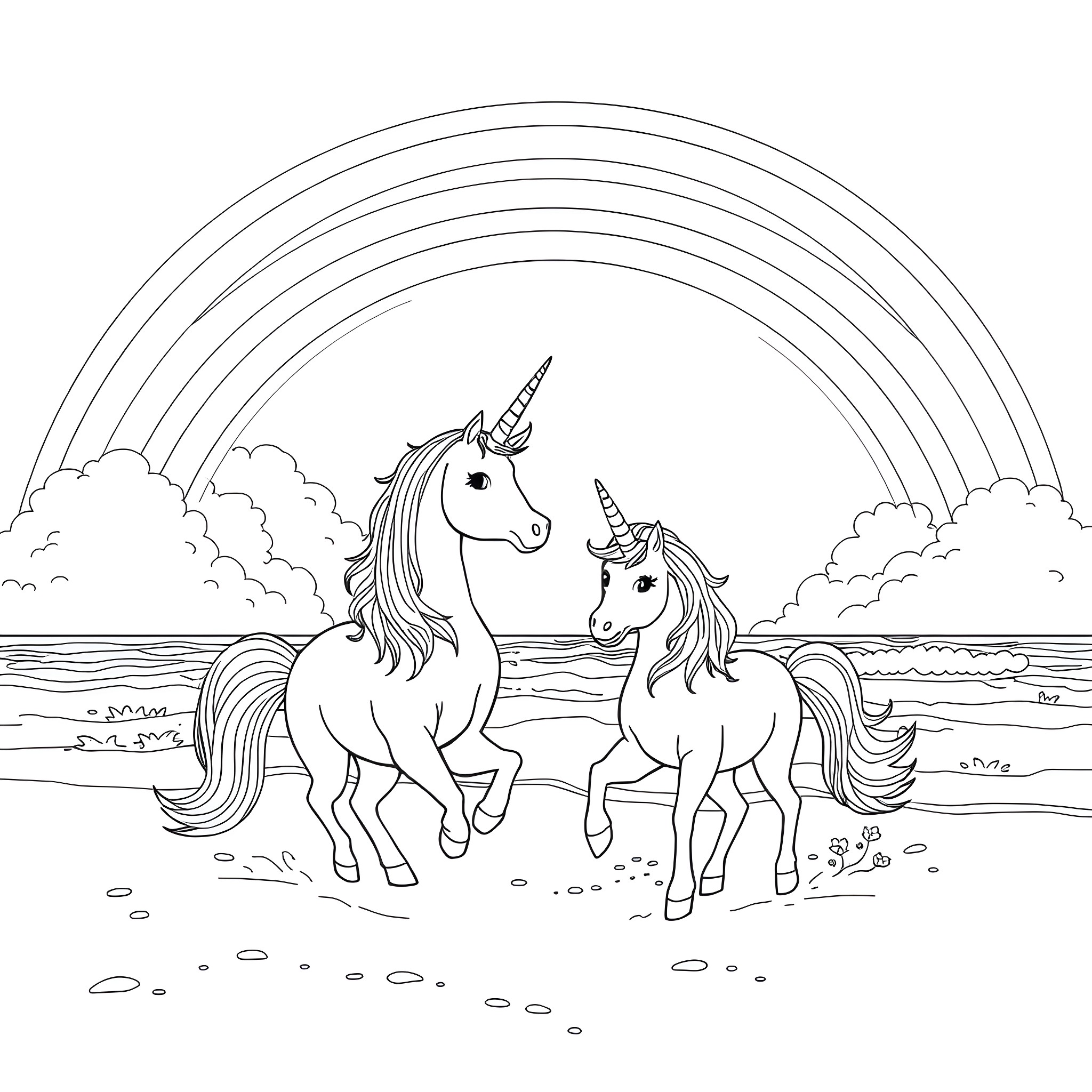 Unicorn family frolicking amidst rainbows and clouds Coloring Page (free black-and-white line drawing printable PDF for all, from beginners to advanced learners, including children, teens, adults, and seniors)
