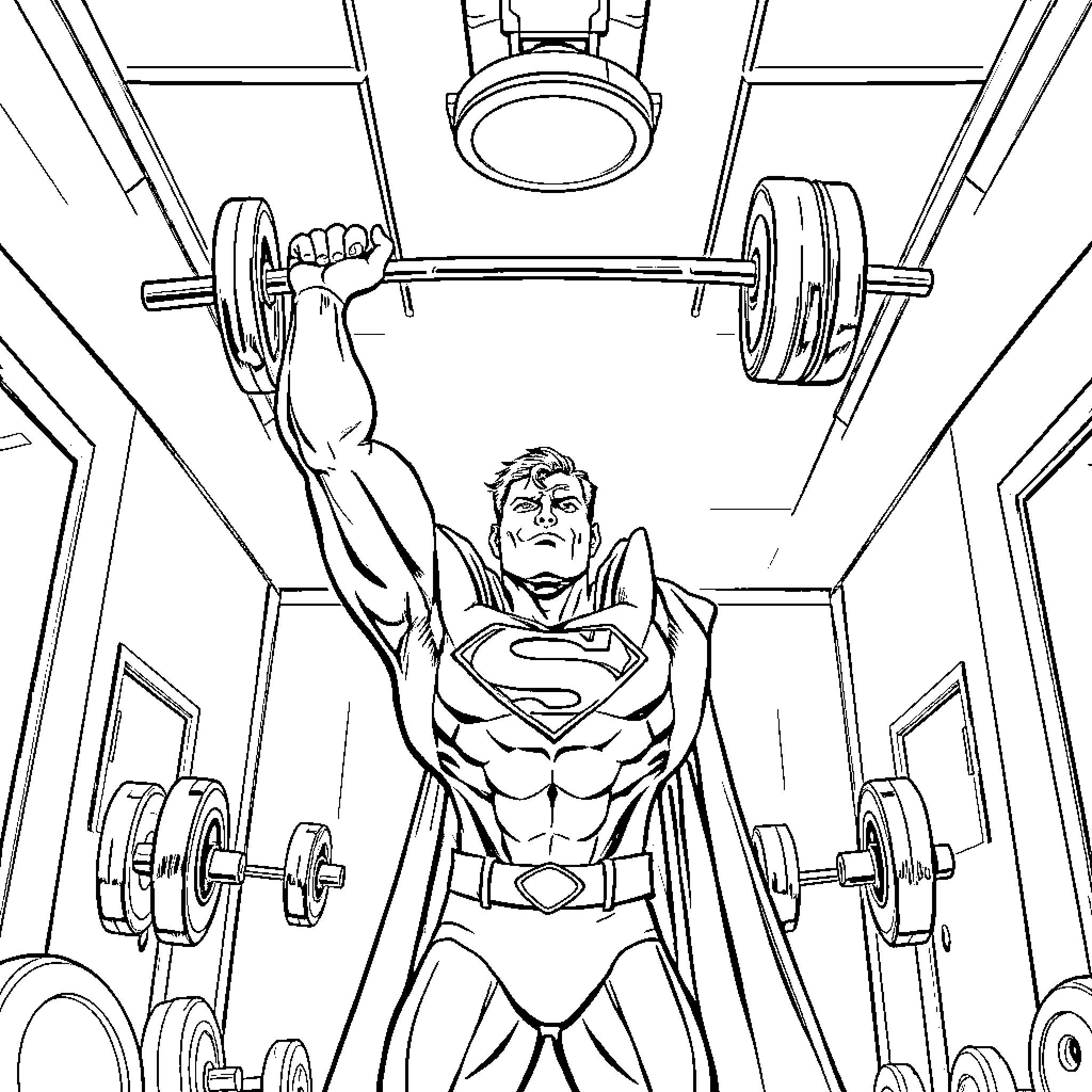 Superman lifting weights in the gym Coloring Page (free black-and-white line drawing printable PDF for all, from beginners to advanced learners, including children, teens, adults, and seniors)