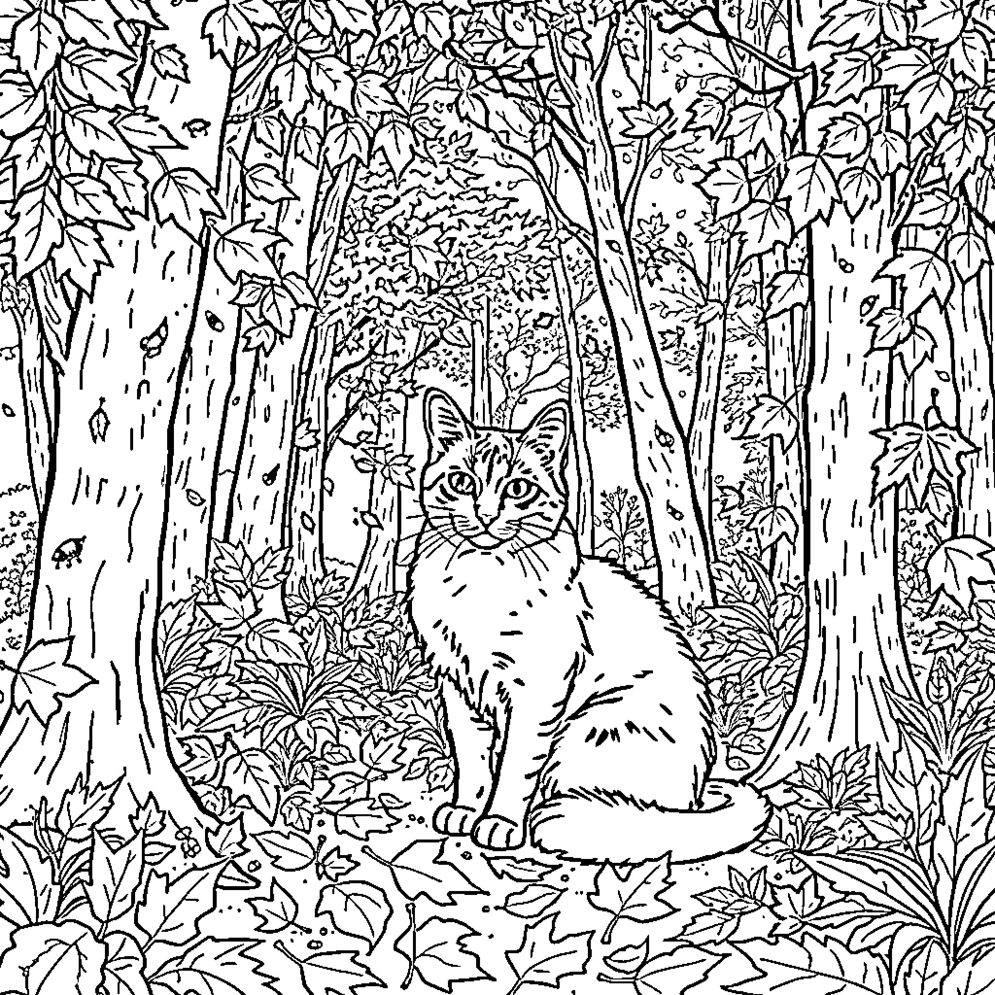 Birman Cat in Lush Forest Landscape Coloring Page (free black-and-white line drawing printable PDF for all, from beginners to advanced learners, including children, teens, adults, and seniors)