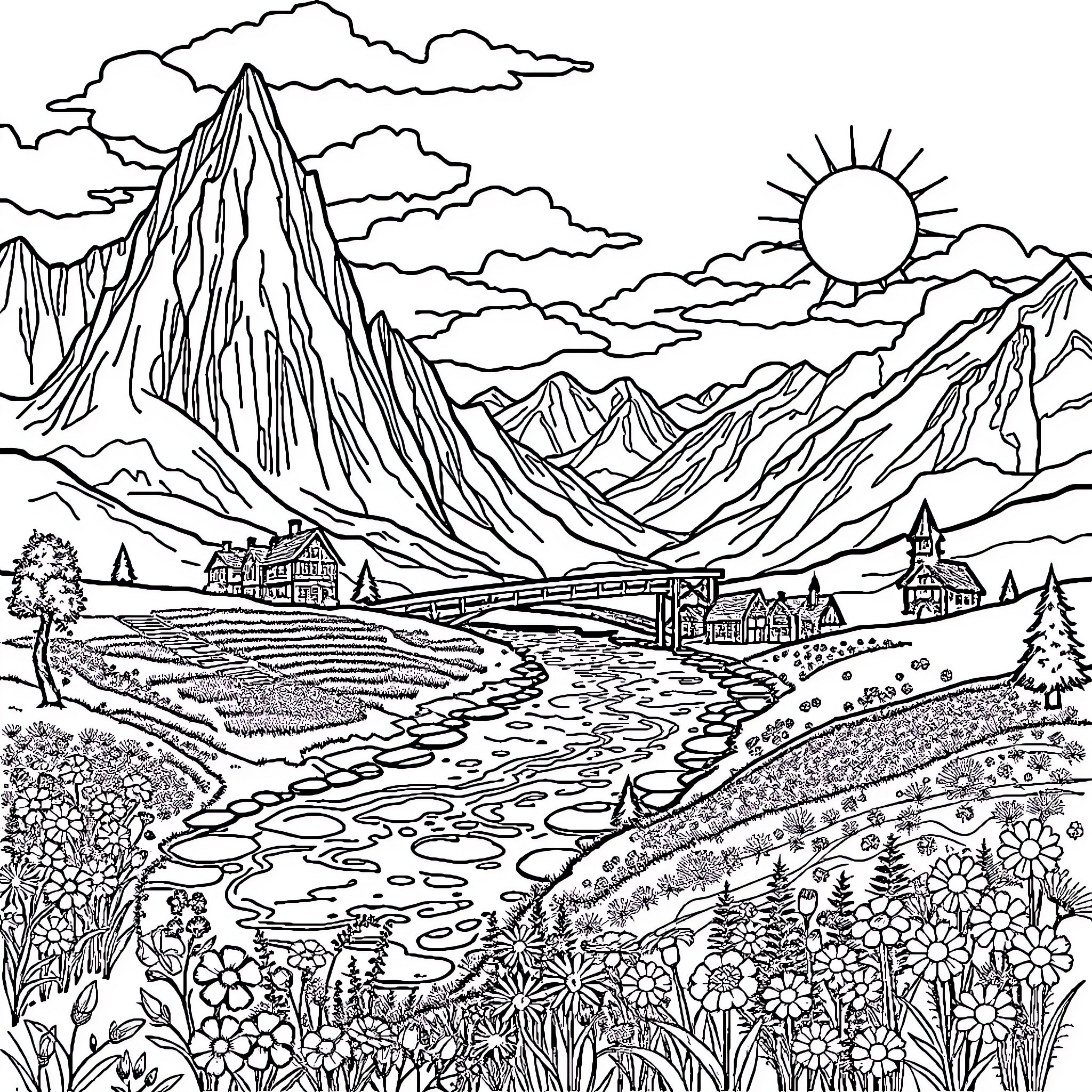 Landscape of a mountainous countryside scene Coloring Page (free black-and-white line drawing printable PDF for all, from beginners to advanced learners, including children, teens, adults, and seniors)